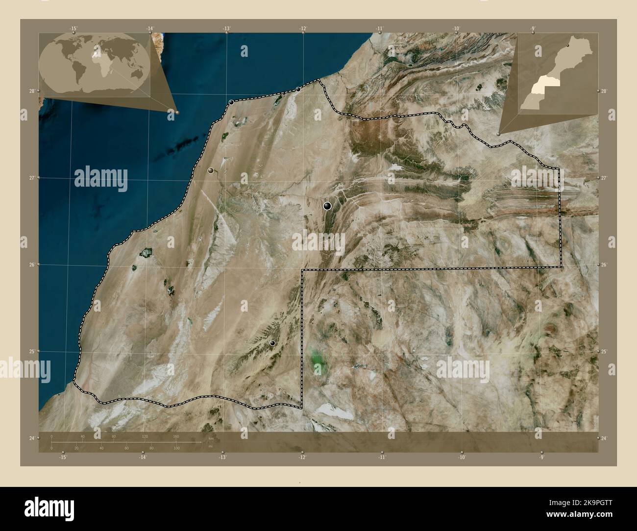 Laayoune-Sakia El Hamra, regione del Marocco. Mappa satellitare ad alta risoluzione. Posizioni delle principali città della regione. Mappe delle posizioni ausiliarie degli angoli Foto Stock