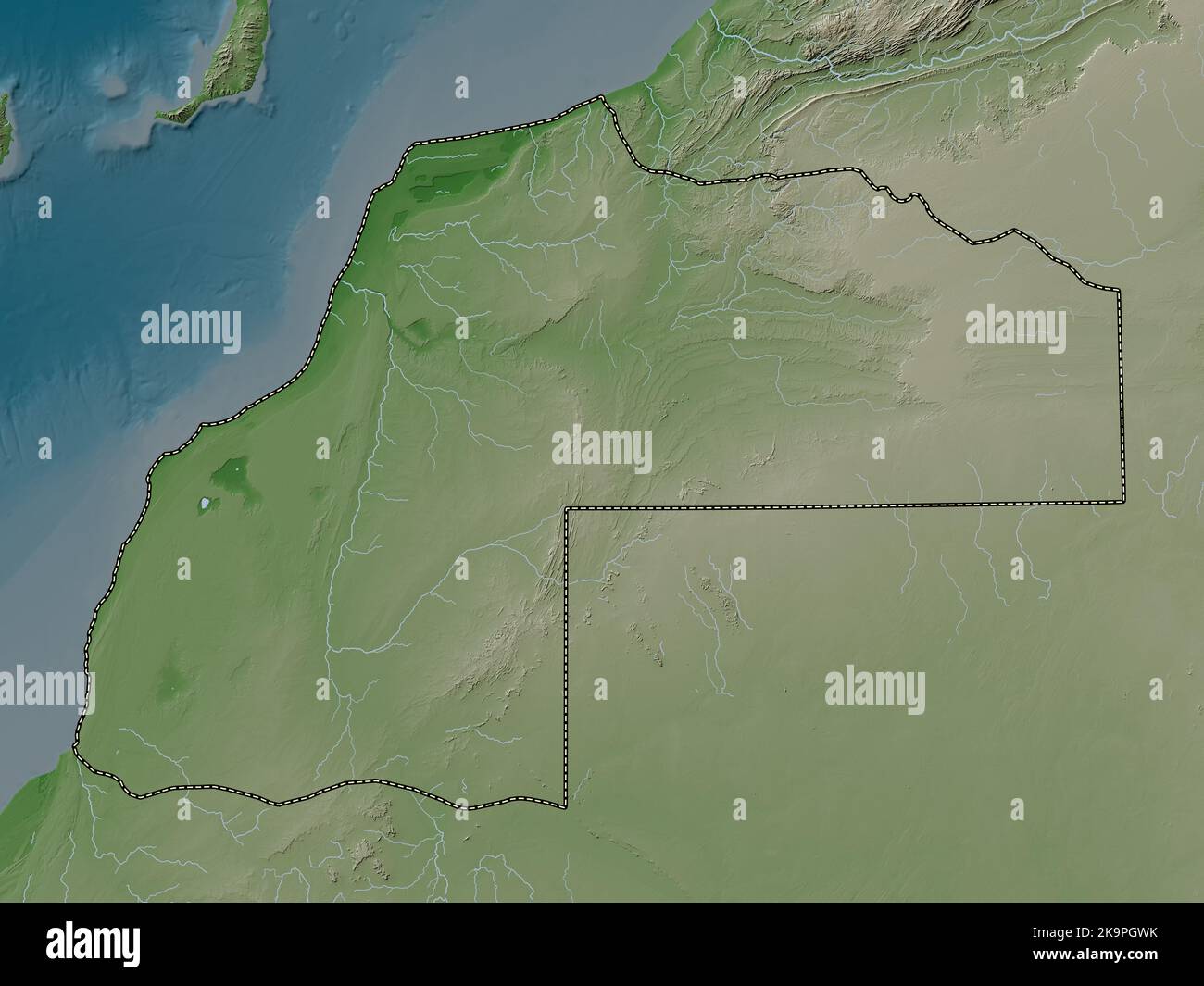 Laayoune-Sakia El Hamra, regione del Marocco. Mappa dell'altitudine colorata in stile wiki con laghi e fiumi Foto Stock