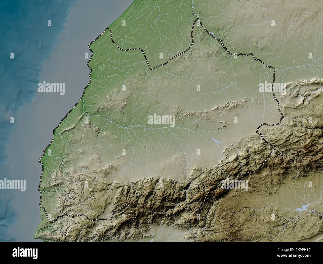 Marrakech-Safi, regione del Marocco. Mappa dell'altitudine colorata in stile wiki con laghi e fiumi Foto Stock