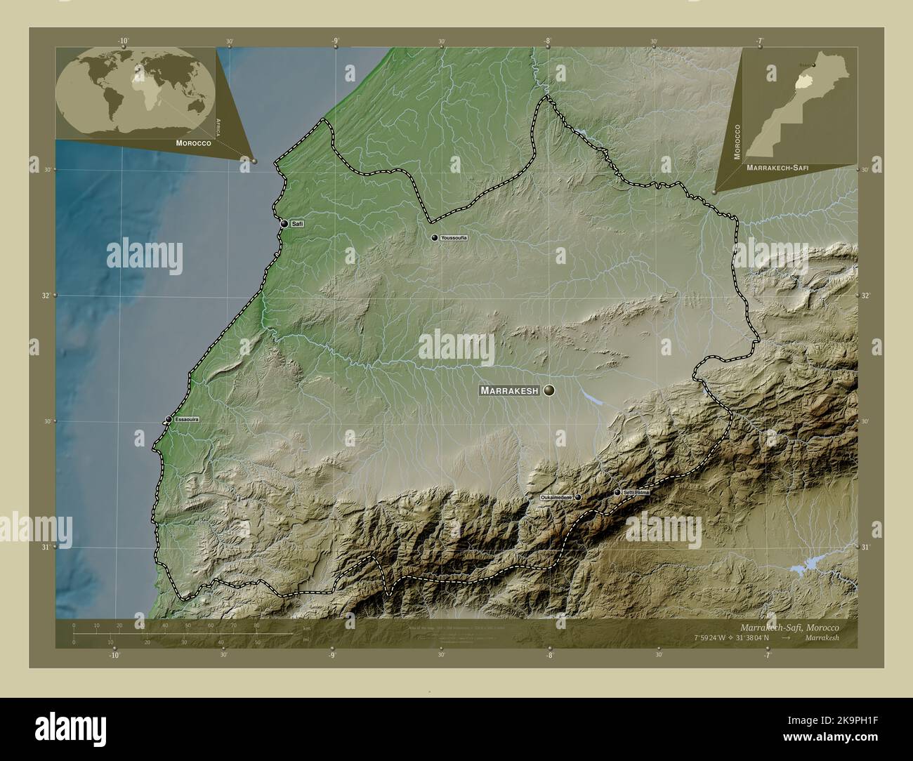 Marrakech-Safi, regione del Marocco. Mappa dell'altitudine colorata in stile wiki con laghi e fiumi. Località e nomi delle principali città della regione. Corne Foto Stock