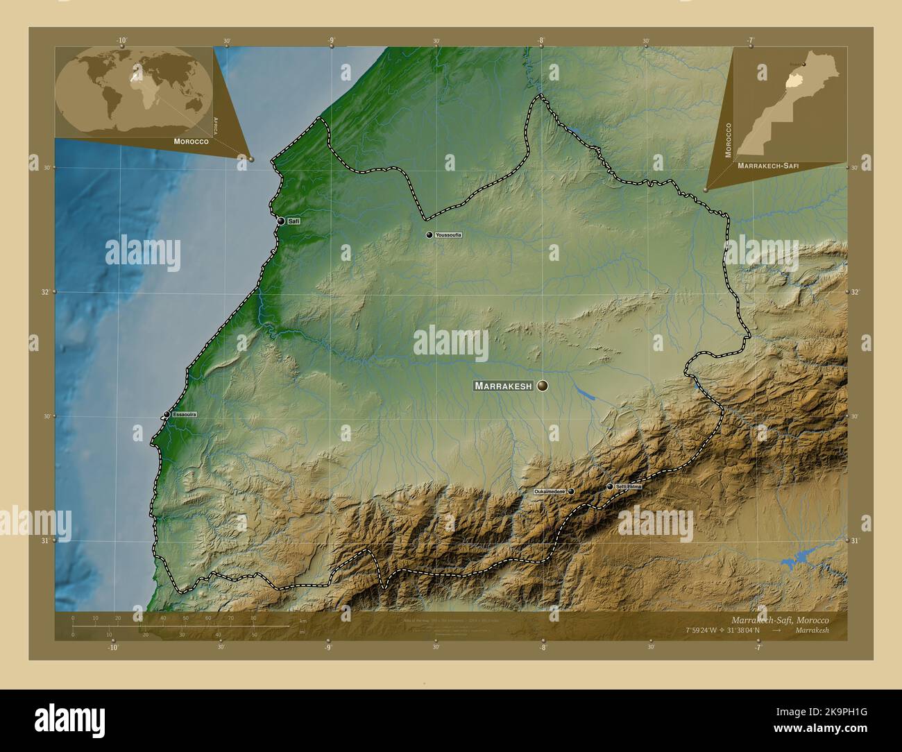 Marrakech-Safi, regione del Marocco. Mappa di altitudine colorata con laghi e fiumi. Località e nomi delle principali città della regione. Angolo ausiliario basso Foto Stock