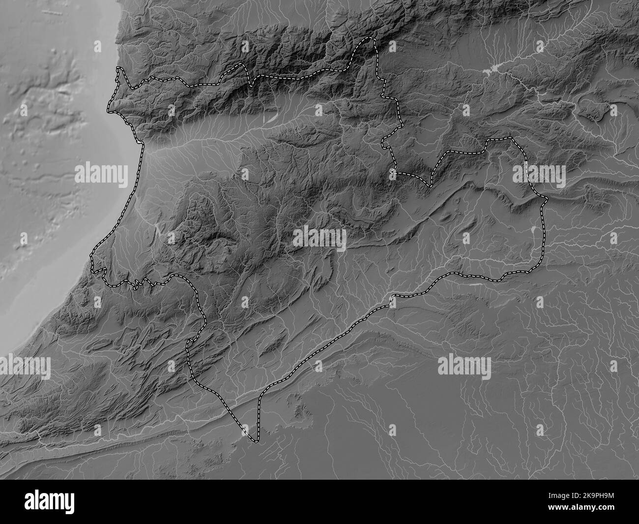 Souss-massa, regione del Marocco. Mappa in scala di grigi con laghi e fiumi Foto Stock