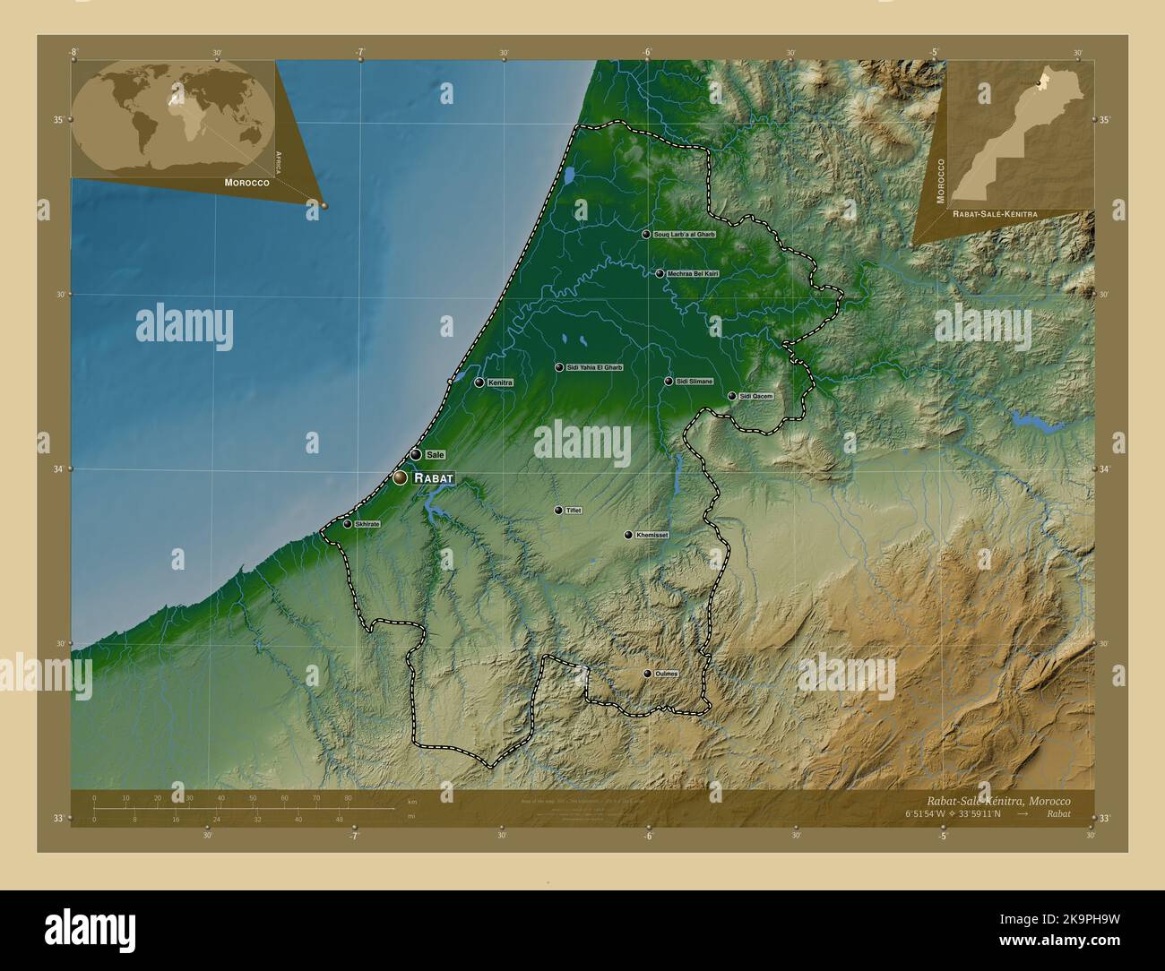 Rabat-sale-Kenitra, regione del Marocco. Mappa di altitudine colorata con laghi e fiumi. Località e nomi delle principali città della regione. Ausiliario angolo Foto Stock