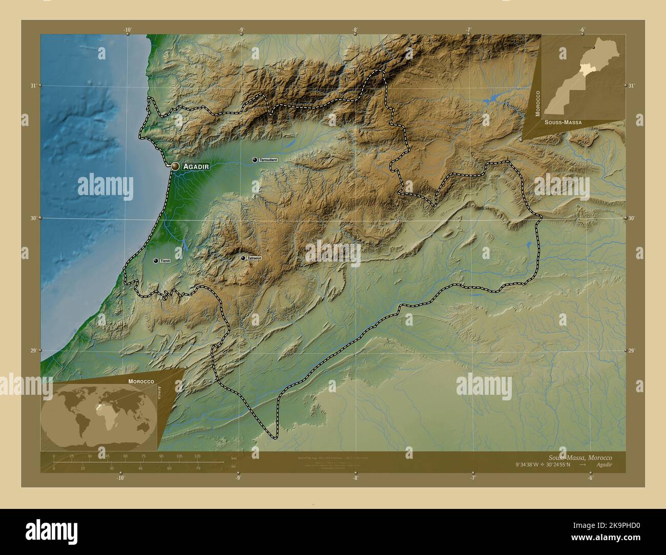 Souss-massa, regione del Marocco. Mappa di altitudine colorata con laghi e fiumi. Località e nomi delle principali città della regione. Posizione ausiliaria d'angolo Foto Stock