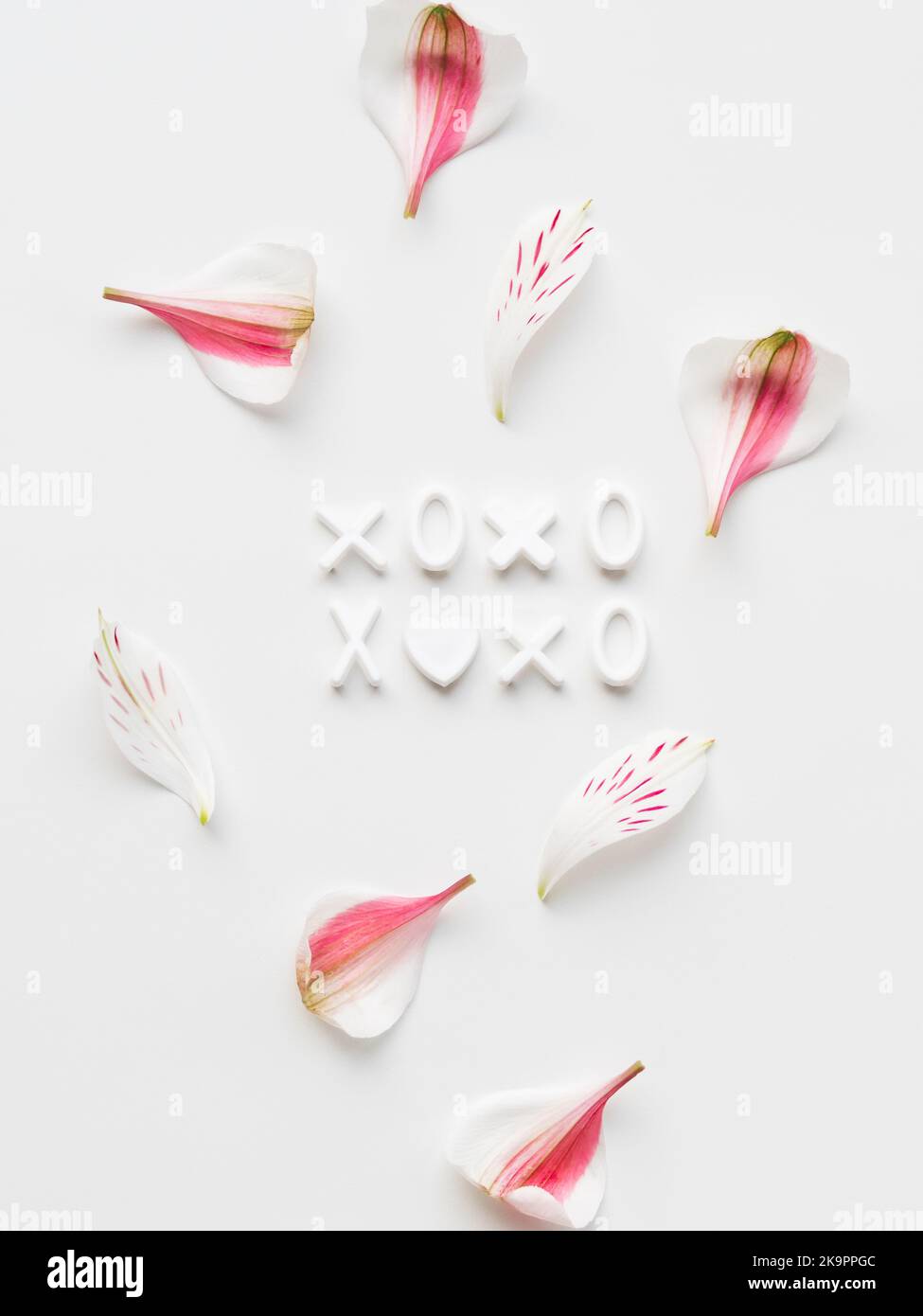 Vista dall'alto sulle lettere XOXO su sfondo bianco con petali rosa. Verticale sfondo romantico, concetto di amore e baci. Foto Stock