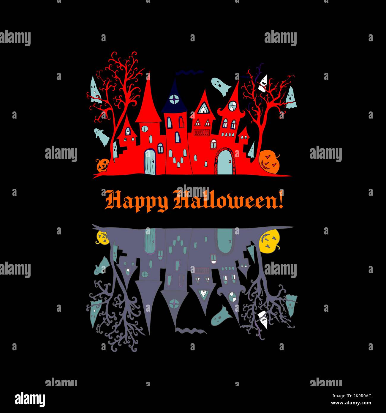 Sfondo halloween felice con la casa infestata da fantasmi, alberi e cute. Illustrazione vettoriale per pubblicità, scheda, volantino, poster. Illustrazione Vettoriale