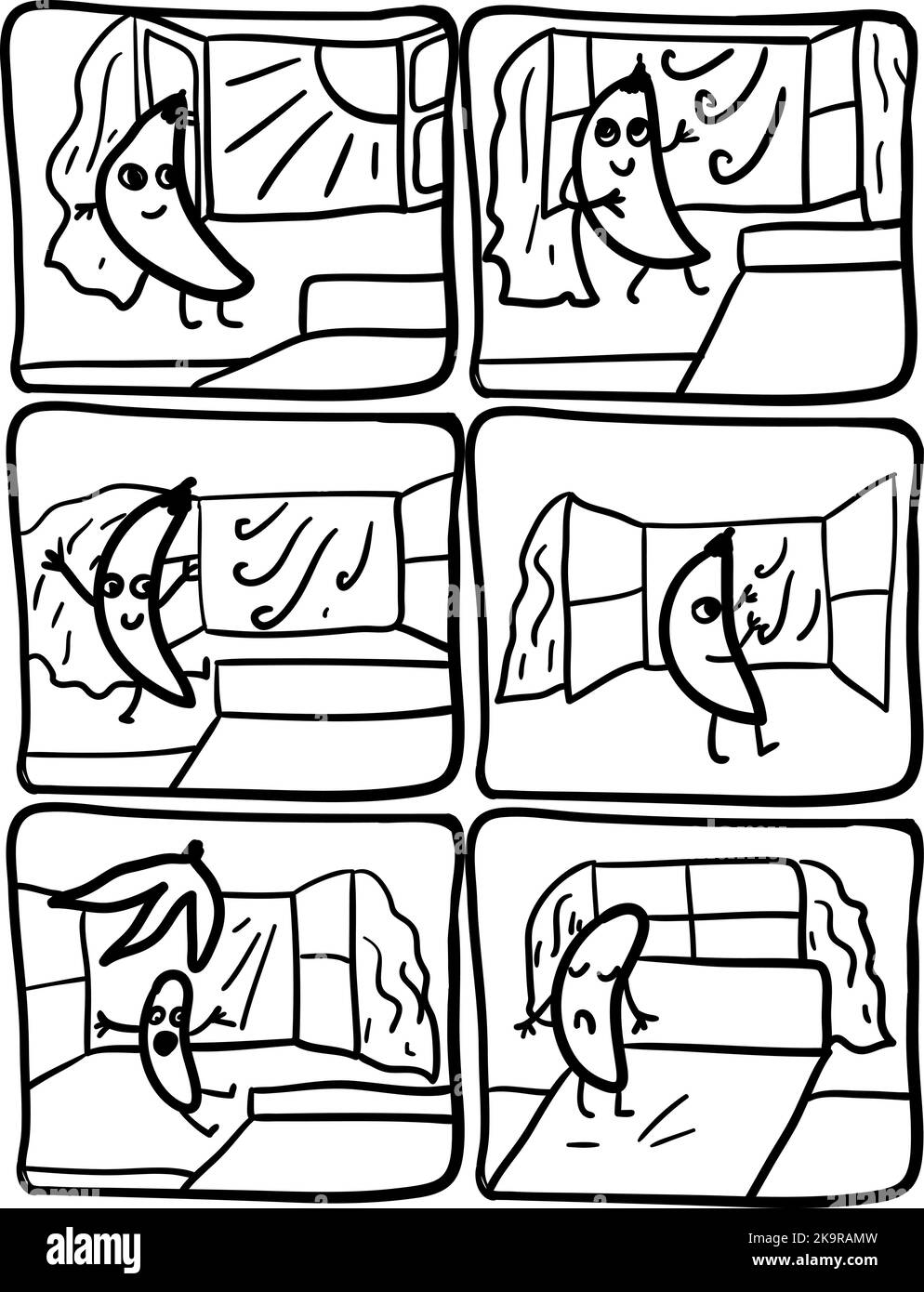 Banana cartone animato con molte espressioni. comix disegnato a mano Illustrazione Vettoriale