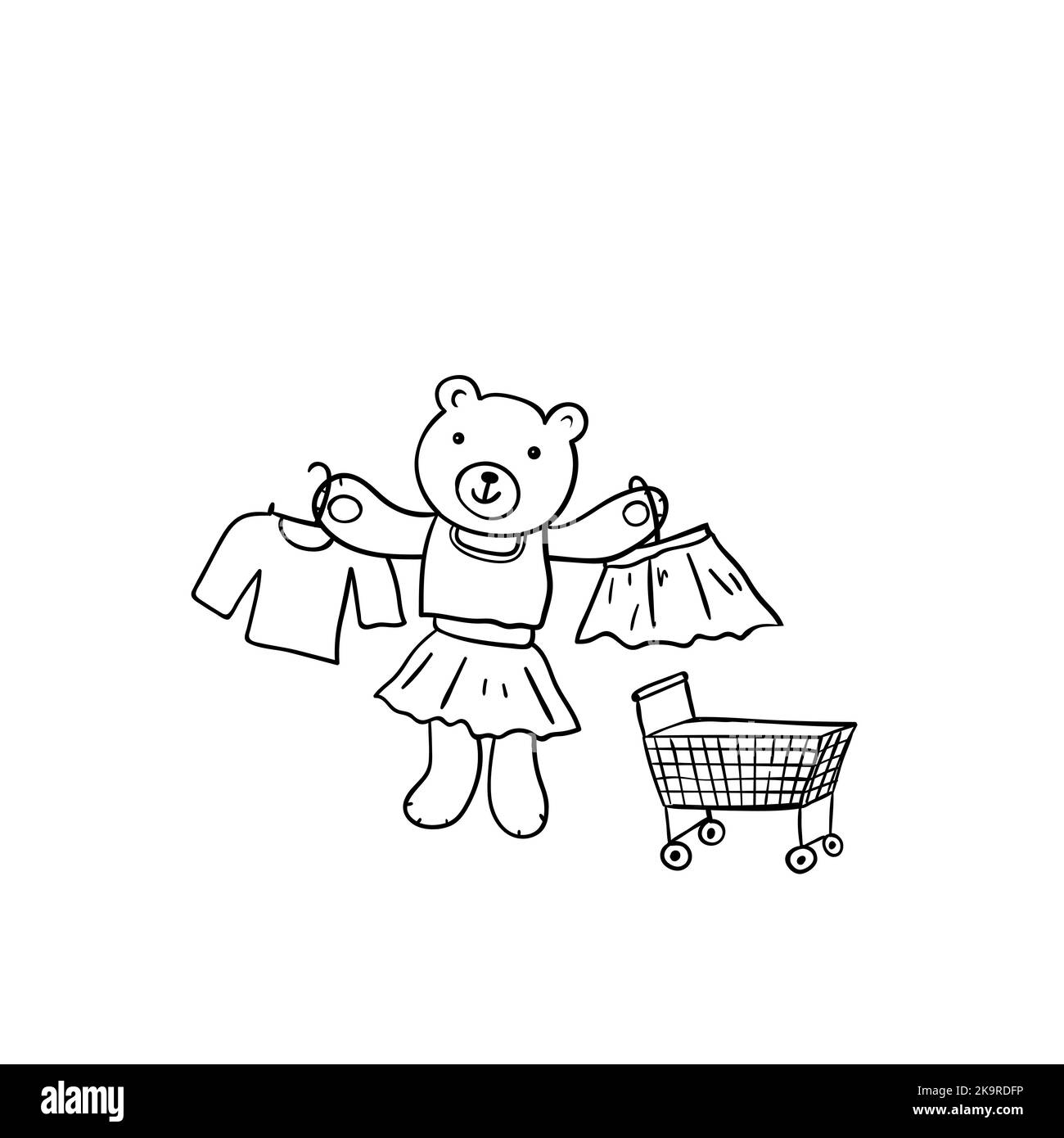 Illustrazione disegnata a mano dell'orso del cartone animato. Divertente emotivo animale andare shopping e acquistare vestito. Illustrazione Vettoriale