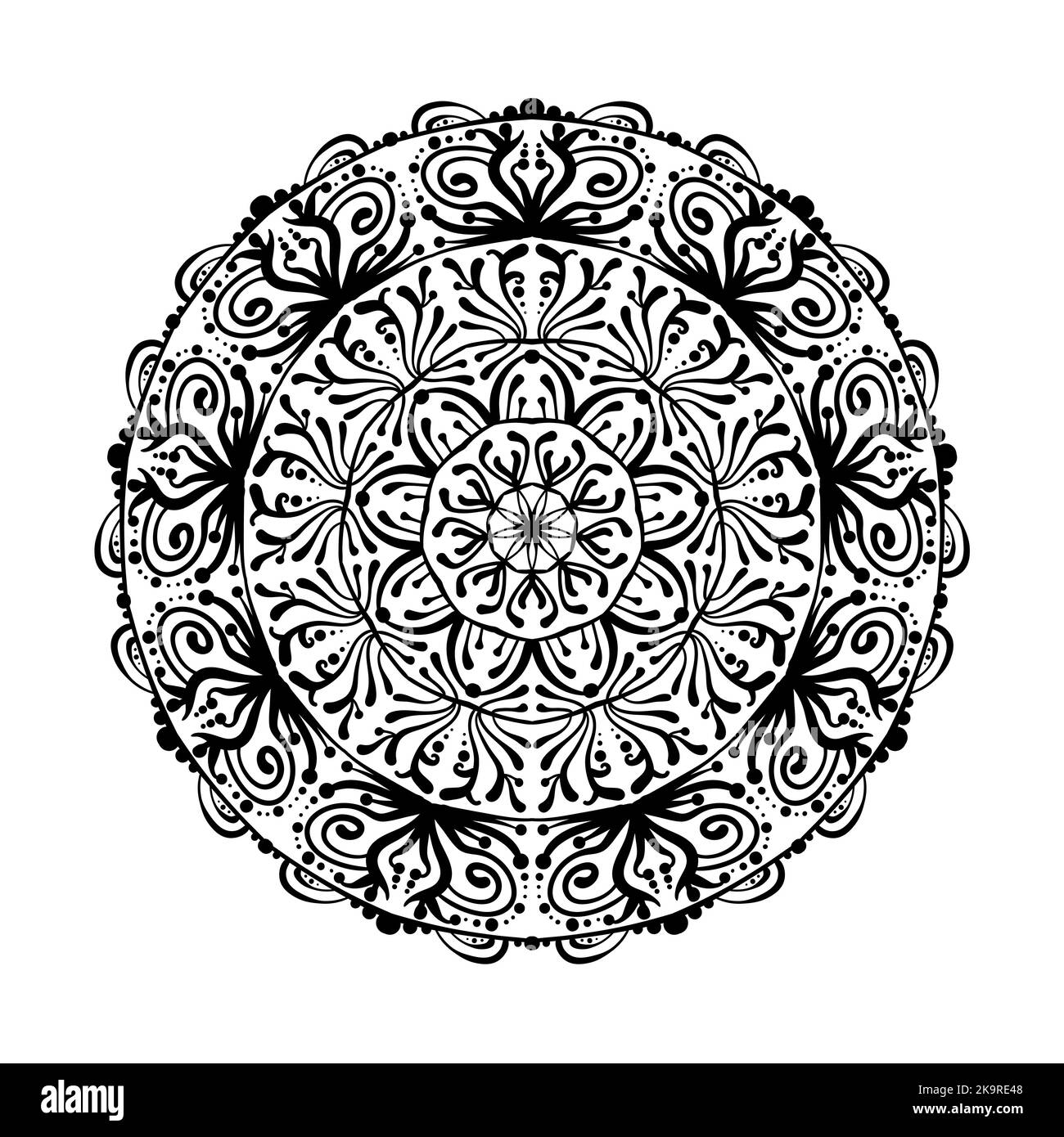 Modello rotondo Mandala. Stile etnico decorativo lacy disegnato a mano elemento astratto. Sfondo disegnato a mano. Simbolo della geometria sacra per la meditazione, l'arte Illustrazione Vettoriale