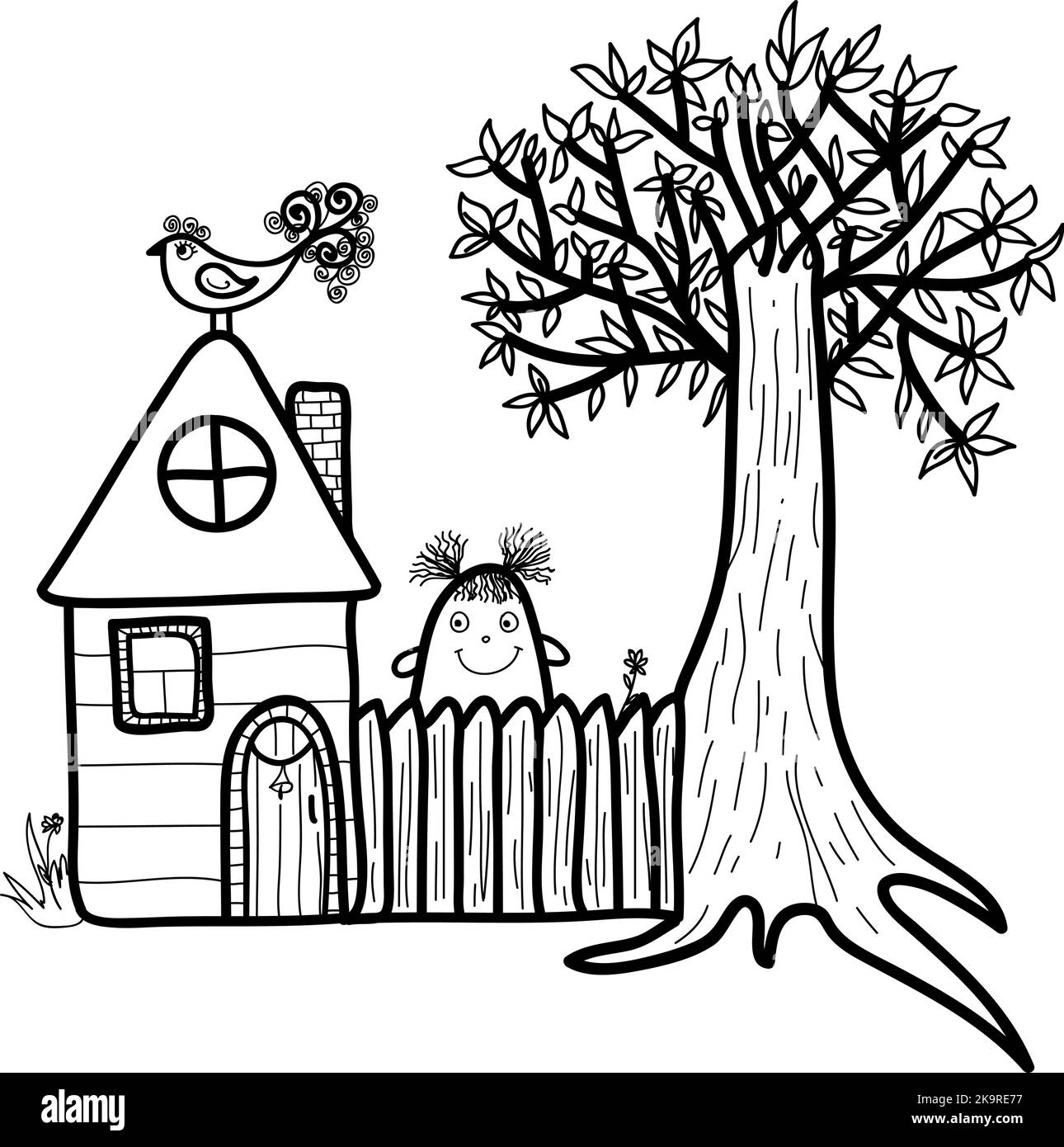 Casa con divertente personaggio cartone animato. Illustrazione vettoriale disegnata a mano. Illustrazione Vettoriale