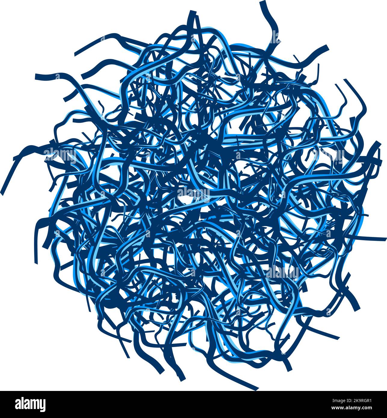 Forma astratta e caotica e pelosa. Groviglio intrecciato di colore blu. Aggrovigliamento astratto. Illustrazione Vettoriale