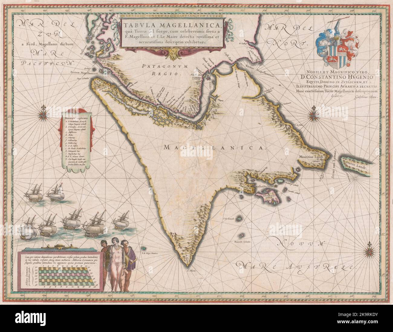 Mappa vintage del 18th ° secolo dello stretto di Magellan nel Cile meridionale, Sud America, dal cartografo olandese Willem Blaeu Foto Stock