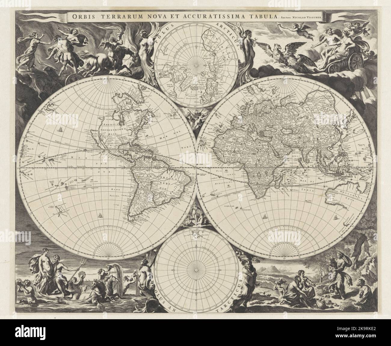 Carta vintage illustrata del mondo con quattro emisferi, Jan de Visscher, dopo Nicolaes Pietersz Berchem, c.. 1670 - 1680 Foto Stock