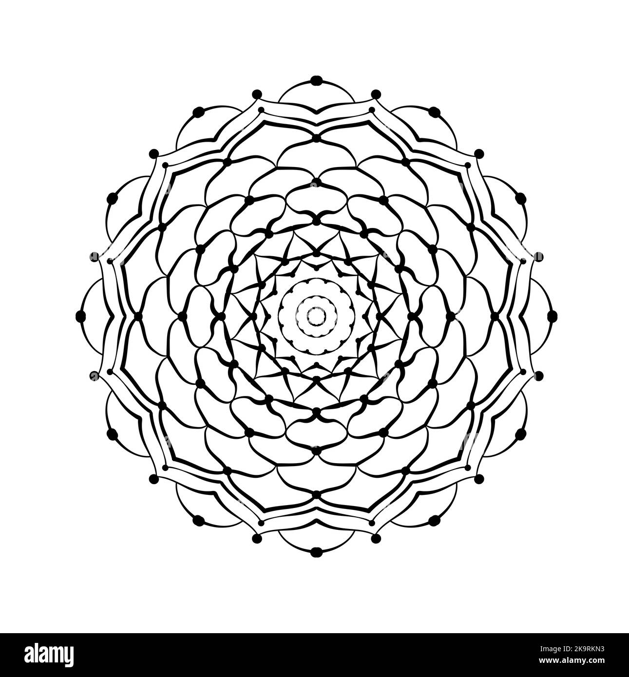 Modello rotondo Mandala. Stile etnico decorativo lacy disegnato a mano elemento astratto. Sfondo disegnato a mano. Simbolo della geometria sacra per la meditazione, l'arte Illustrazione Vettoriale