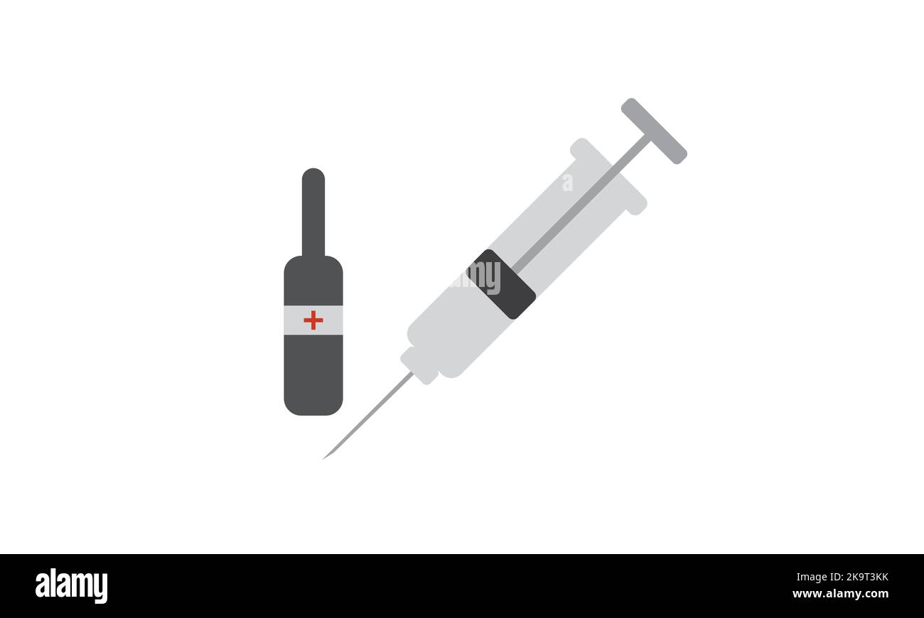 Iniezione di siringa medica con fiale per vaccino con design piatto. Illustrazione di siringa e flacone di vaccino dal prelievo pandemico. Illustrazione Vettoriale