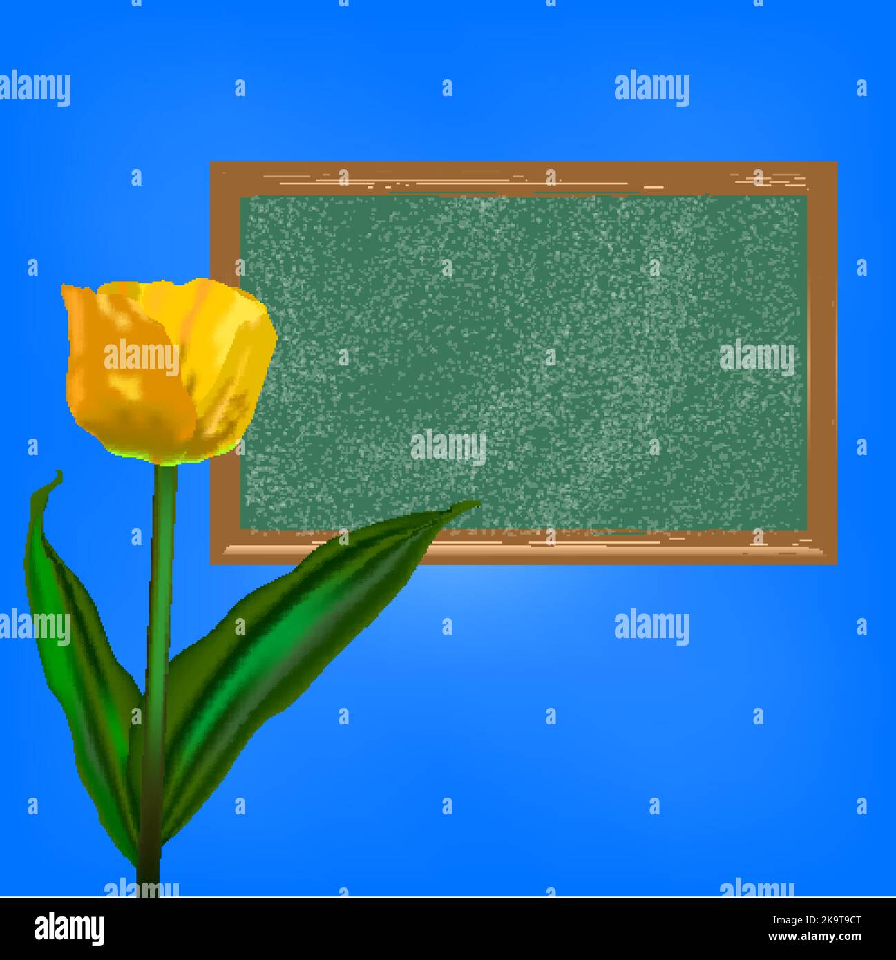 Lavagna con fiore di tulipano giallo su sfondo blu luminoso. Illustrazione Vettoriale