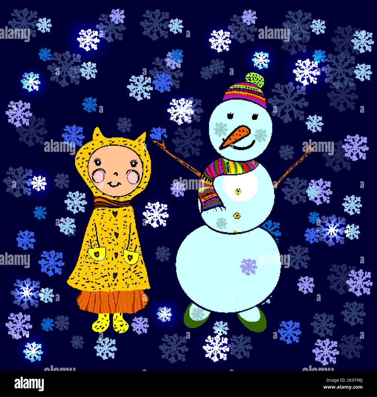 Snowman, ragazza e fiocchi di neve lacy. Illustrazione astratta del vettore Illustrazione Vettoriale