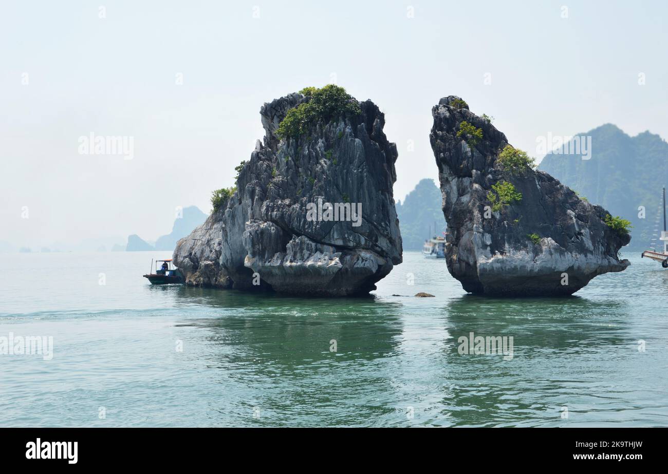 Rooster e Hen Rocks sulla baia di ha Long, Vietnam Foto Stock