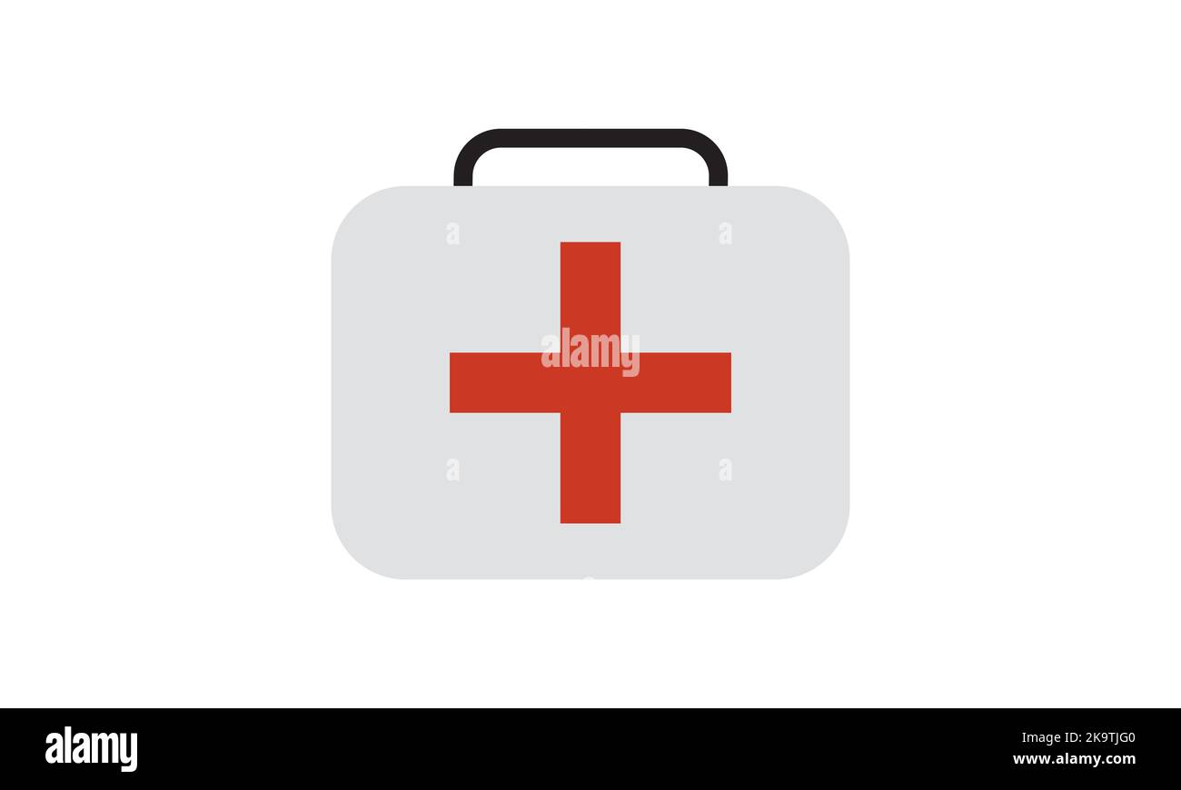 Kit di pronto soccorso bianco isolato su sfondo blu. Concetto di salute, assistenza e diagnostica medica. Design piatto. Illustrazione vettoriale. Illustrazione Vettoriale