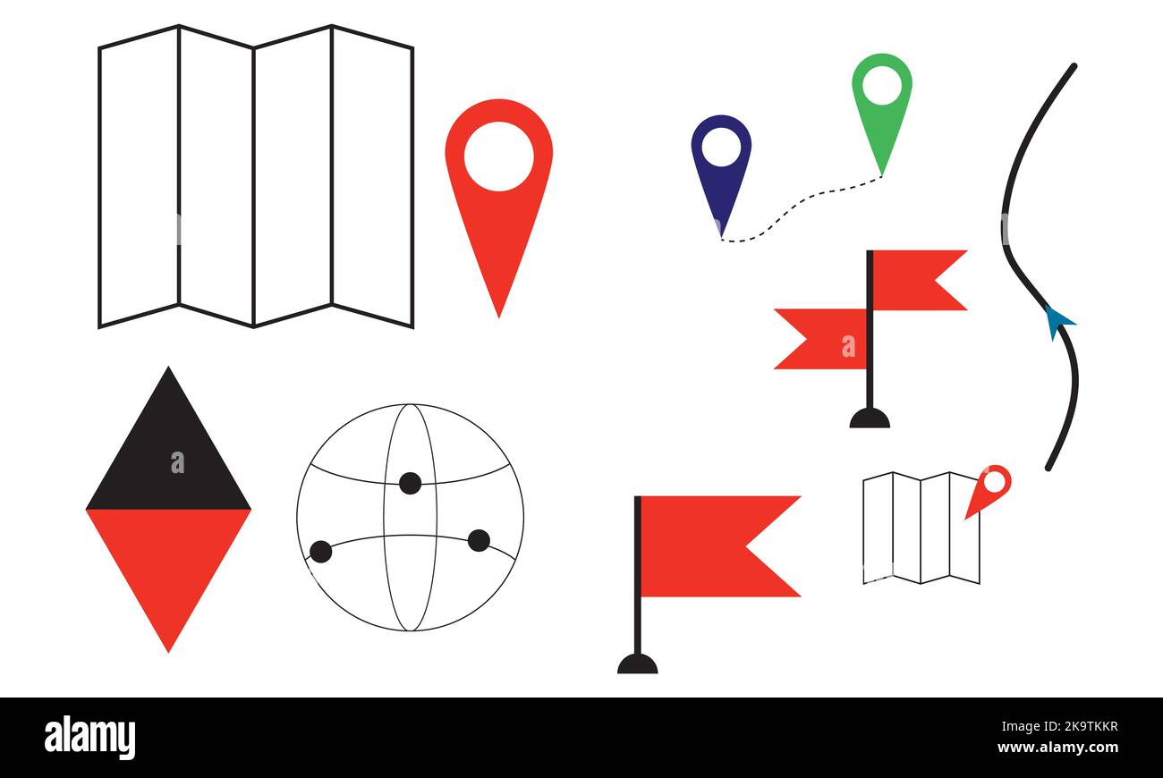 Set semplice di icone delle linee vettoriali relative al percorso. Contiene icone come Mappa con puntina, Mappa del percorso, Navigatore, direzione e altro ancora. Illustrazione Vettoriale