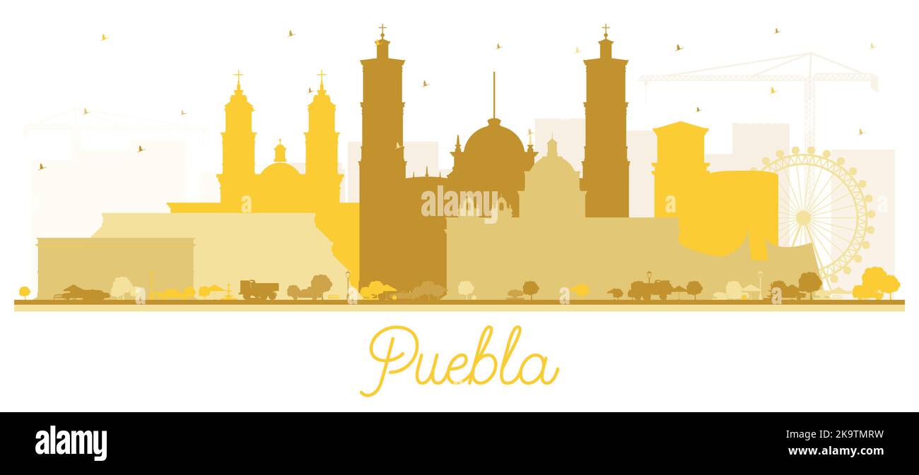 Puebla Città del Messico Skyline Silhouette con edifici dorati isolati su bianco. Illustrazione vettoriale. Illustrazione Vettoriale