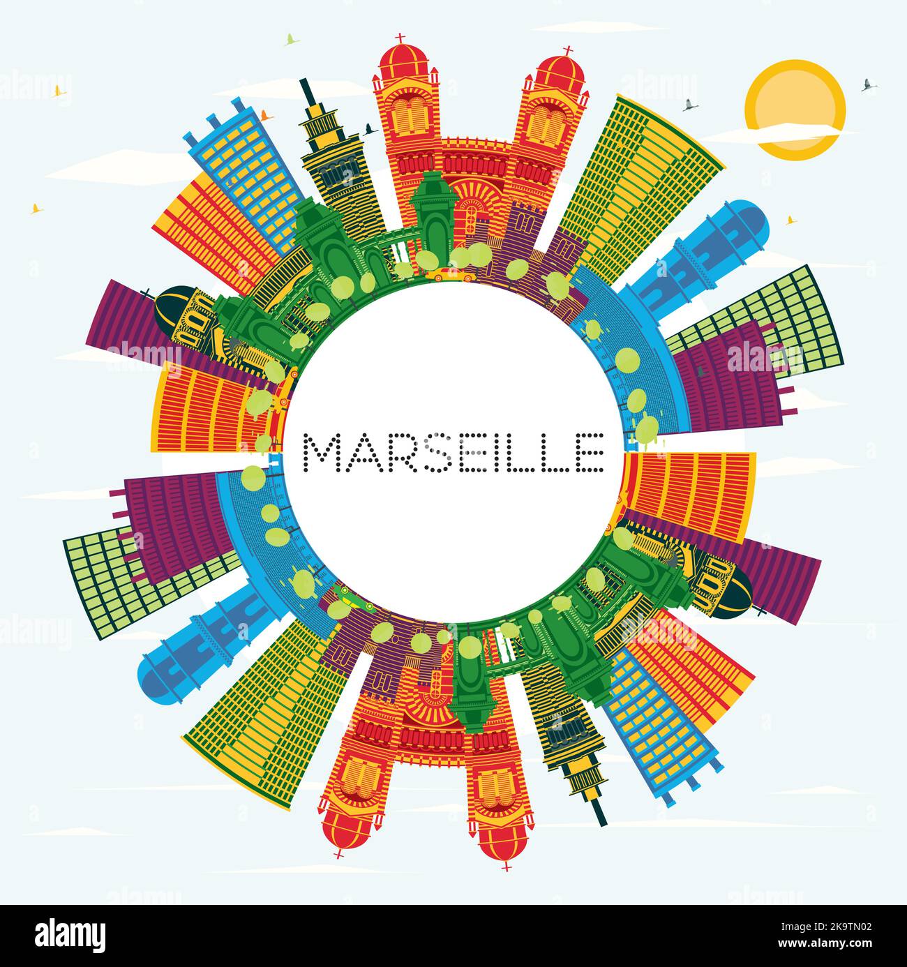 Skyline di Marsiglia Francia con edifici a colori, cielo blu e spazio copia. Illustrazione vettoriale. Illustrazione Vettoriale