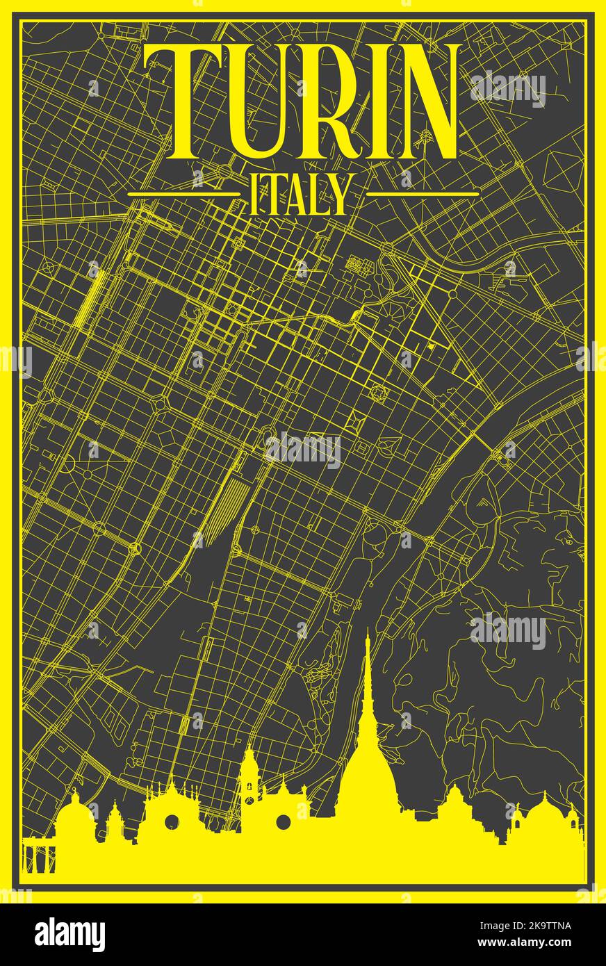 Mappa stampata a mano della rete stradale del centro di TORINO Illustrazione Vettoriale