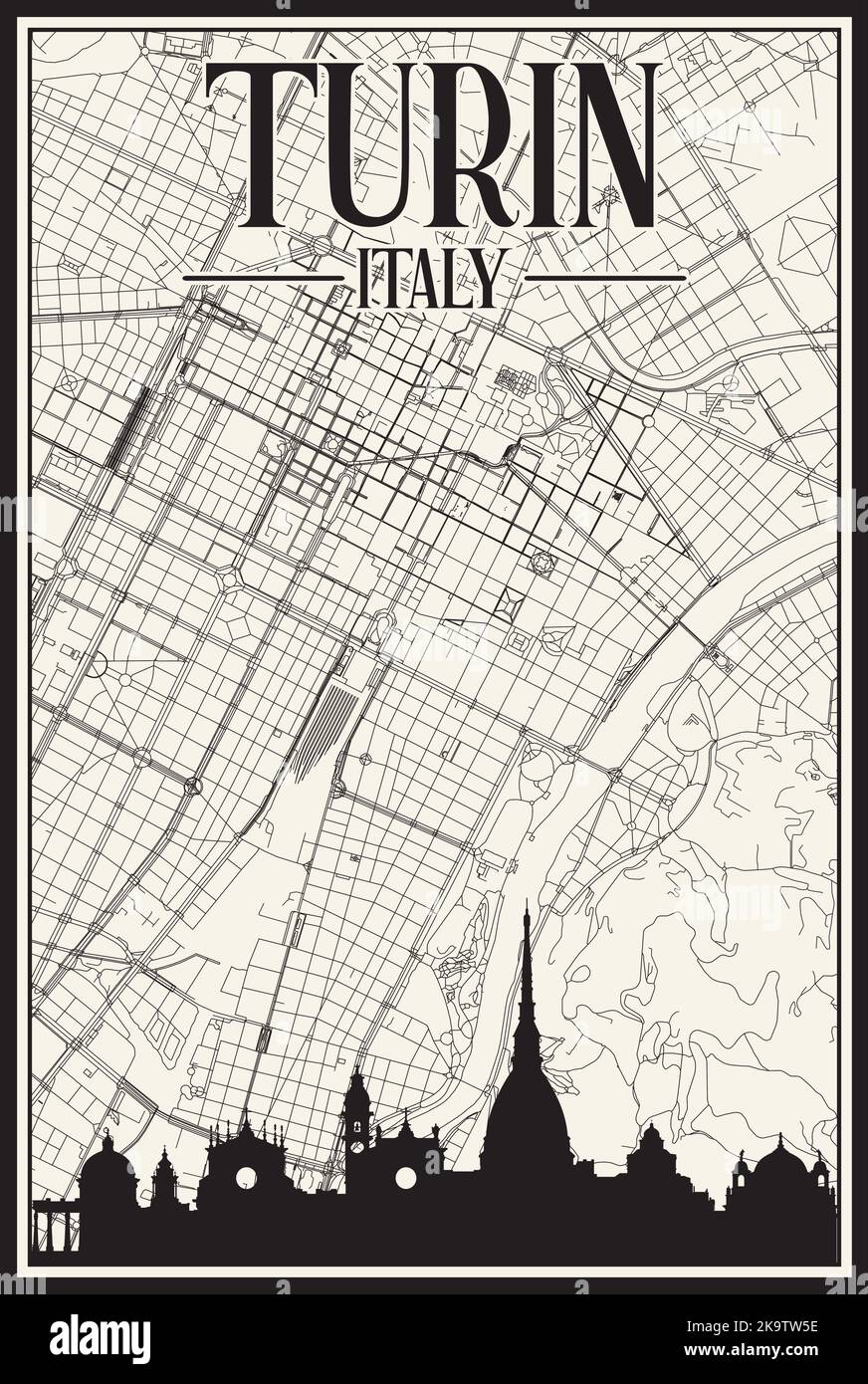 Mappa stampata a mano della rete stradale del centro di TORINO Illustrazione Vettoriale
