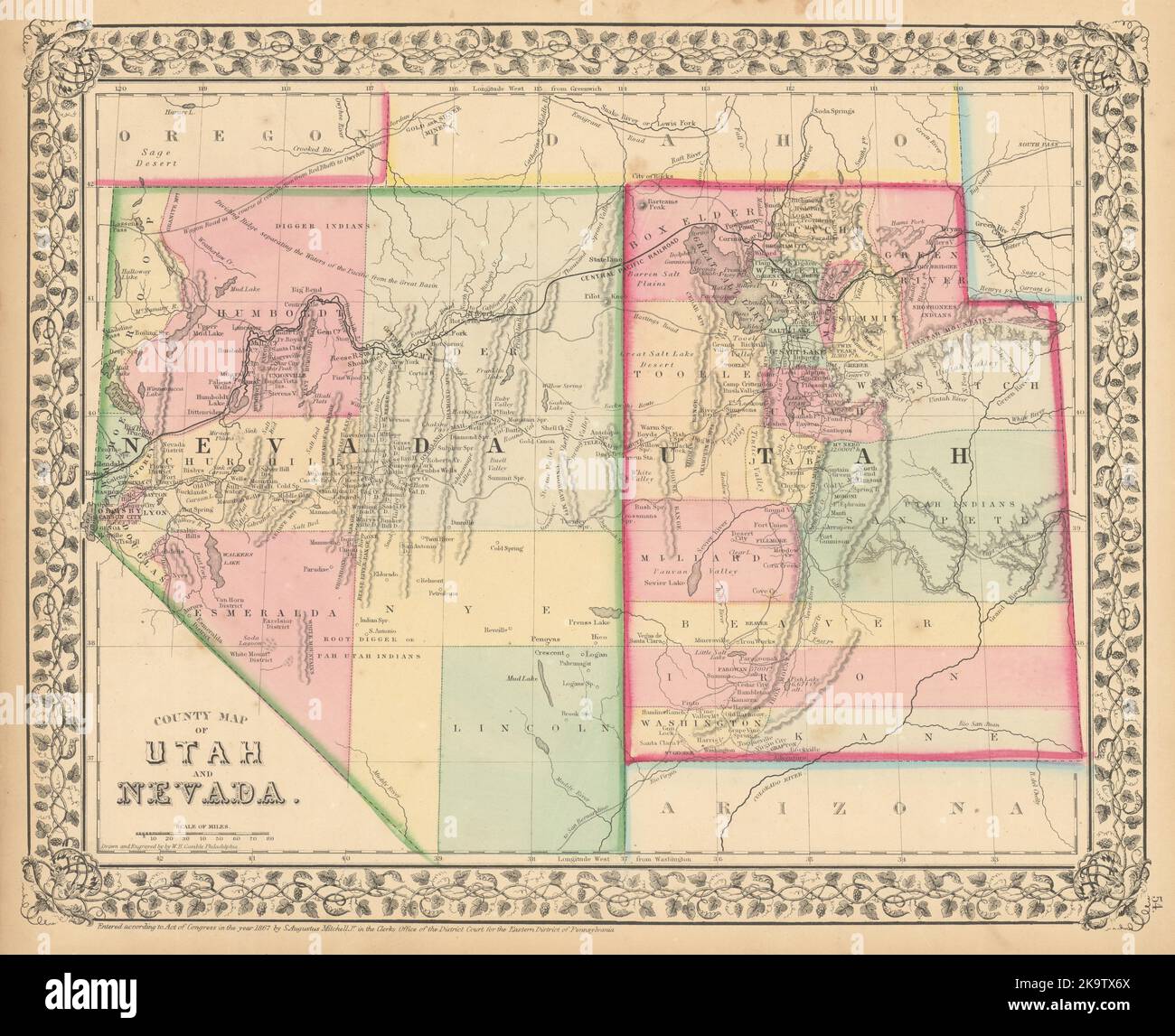 Mappa della contea dello Utah e del Nevada di Samuel Augustus Mitchell. Mappa dello stato 1869 Foto Stock