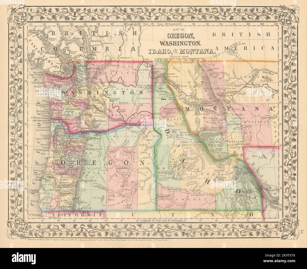 Mappa di Oregon, Washington, Idaho e parte del Montana. MITCHELL 1869 anni Foto Stock