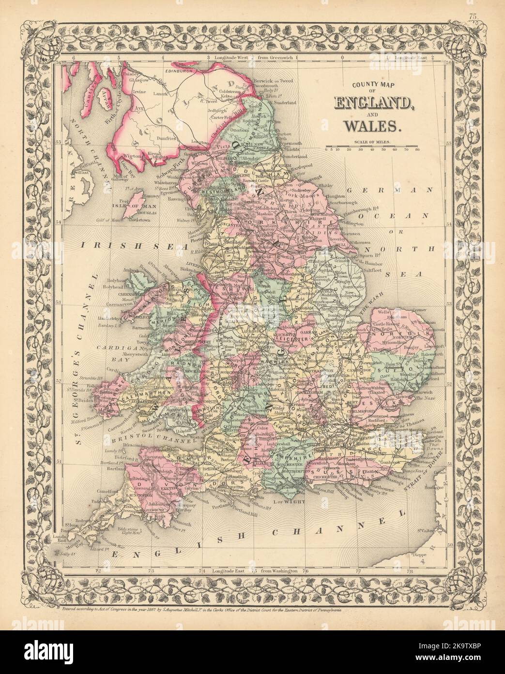 Mappa della contea di Inghilterra e Galles di Samuel Augustus Mitchell 1869 anni Foto Stock
