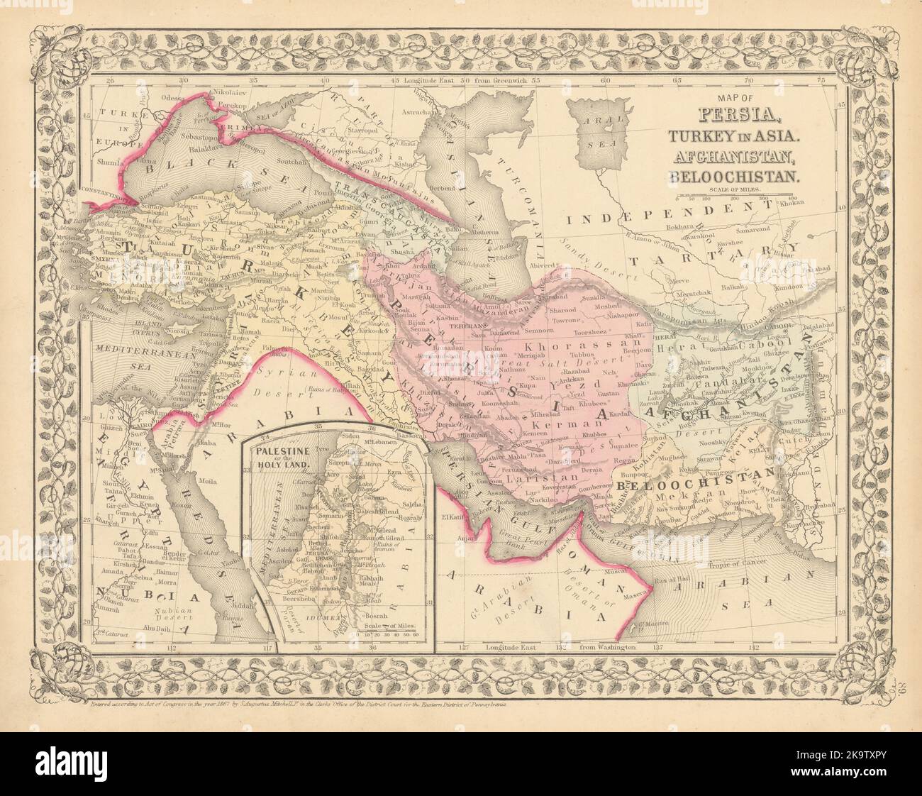 Mappa di Persia, Turchia in Asia, Afghanistan, Beloochistan. MITCHELL 1869 Foto Stock
