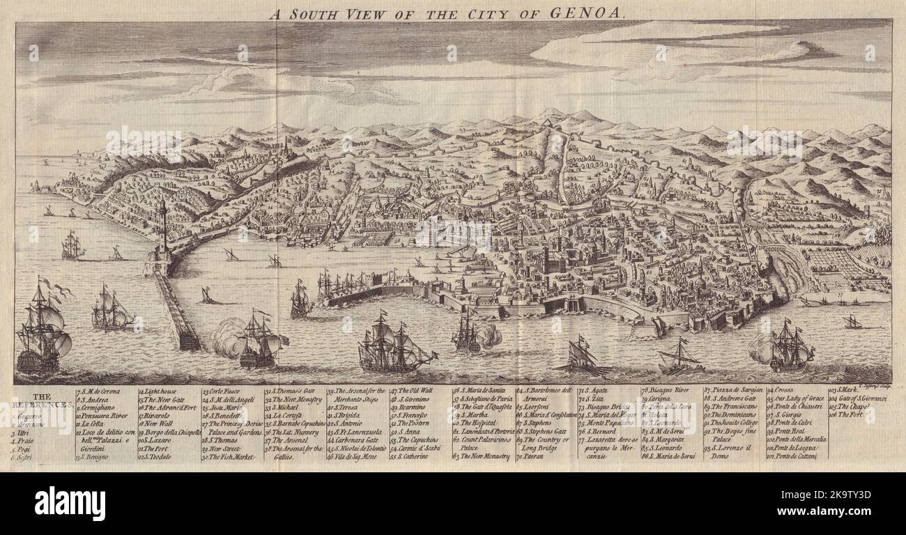 Vista sud della città di Genova. Italia. JEFFERYS / SIGNORI MAG 1747 vecchia mappa Foto Stock