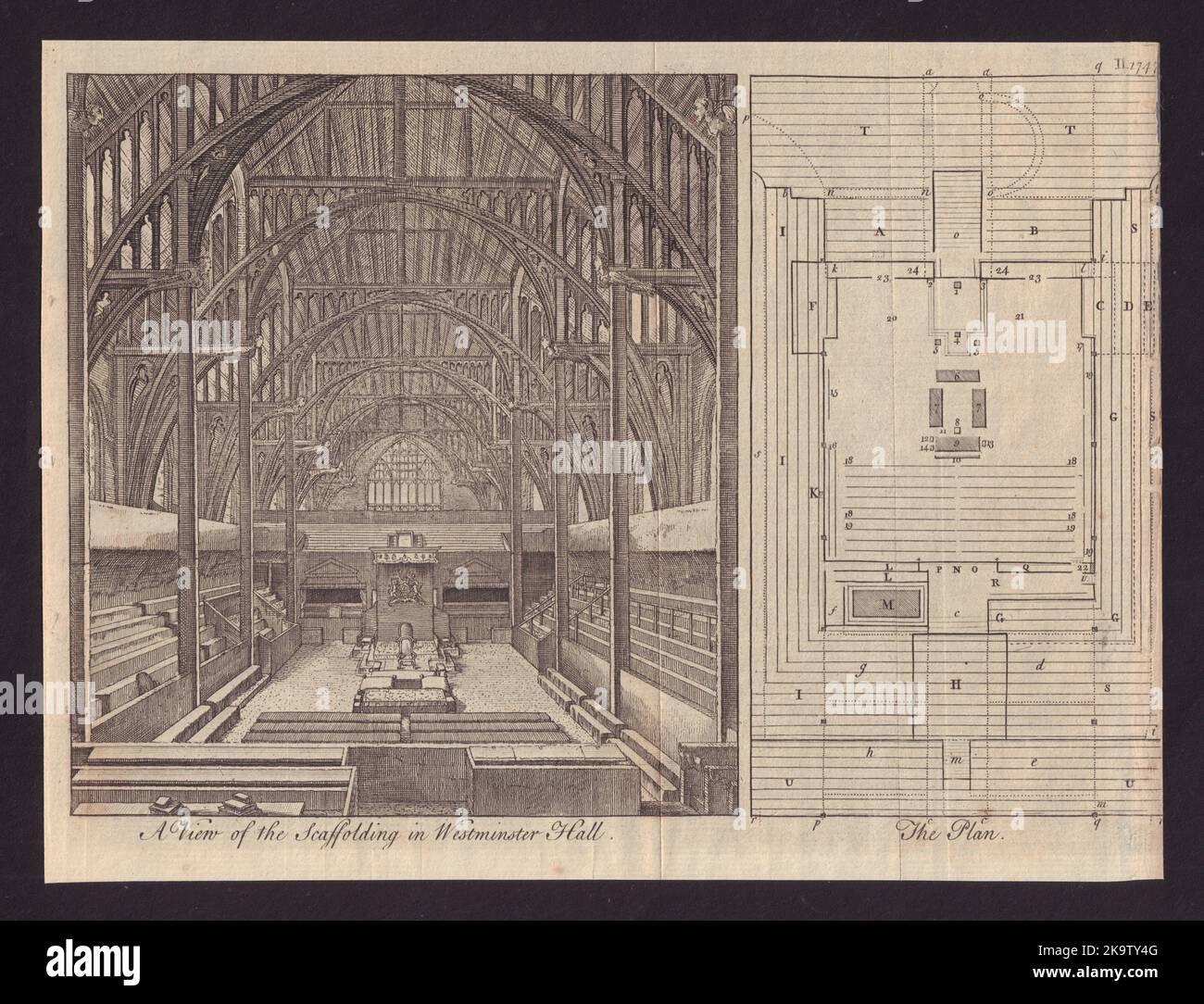 Il ponteggio nella Westminster Hall, e la pianta della stessa. Stampa 1747 di Londra Foto Stock