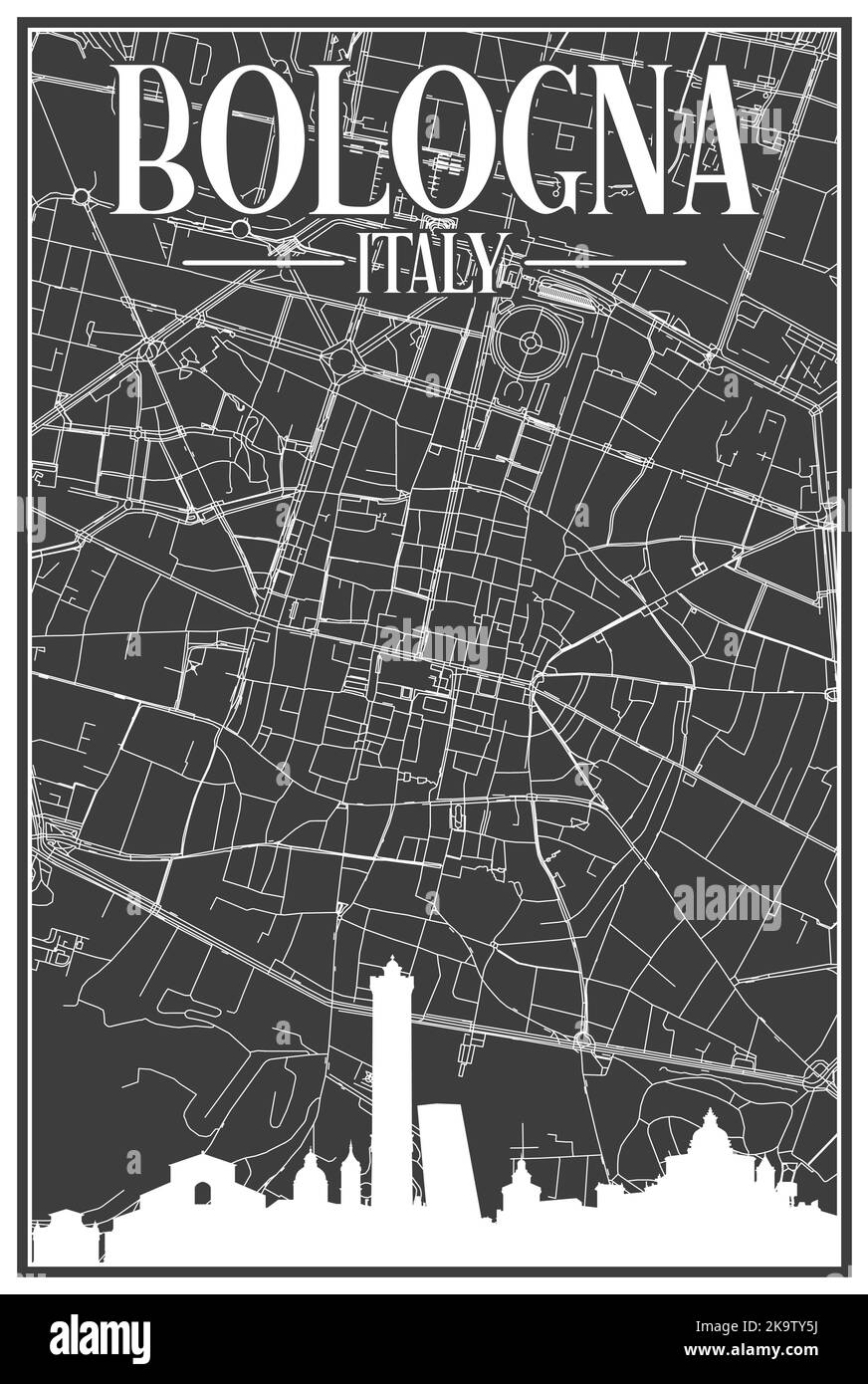 Mappa stampata a mano della rete stradale del centro di BOLOGNA Illustrazione Vettoriale