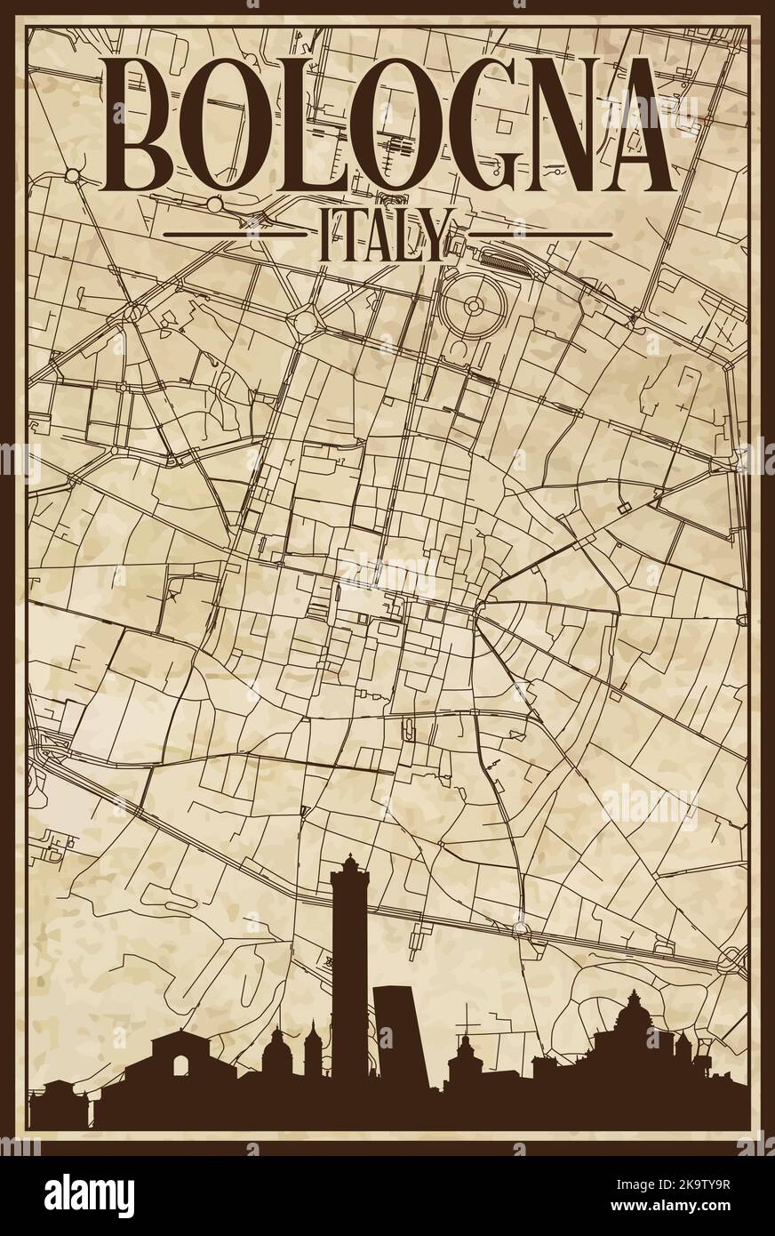 Mappa stampata a mano della rete stradale del centro di BOLOGNA Illustrazione Vettoriale