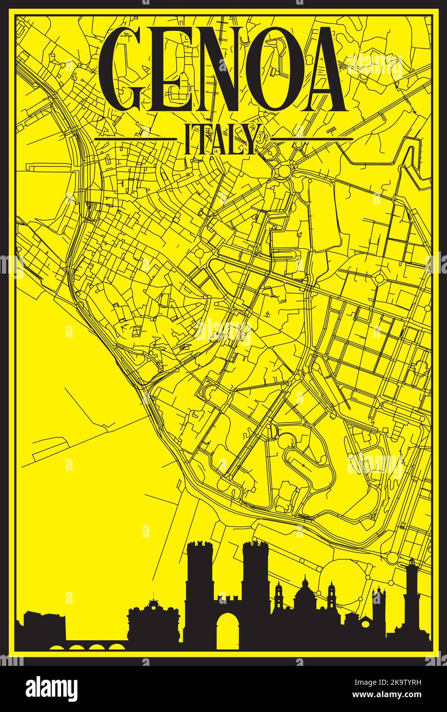 Mappa stampata a mano della rete stradale del centro di GENOVA Illustrazione Vettoriale