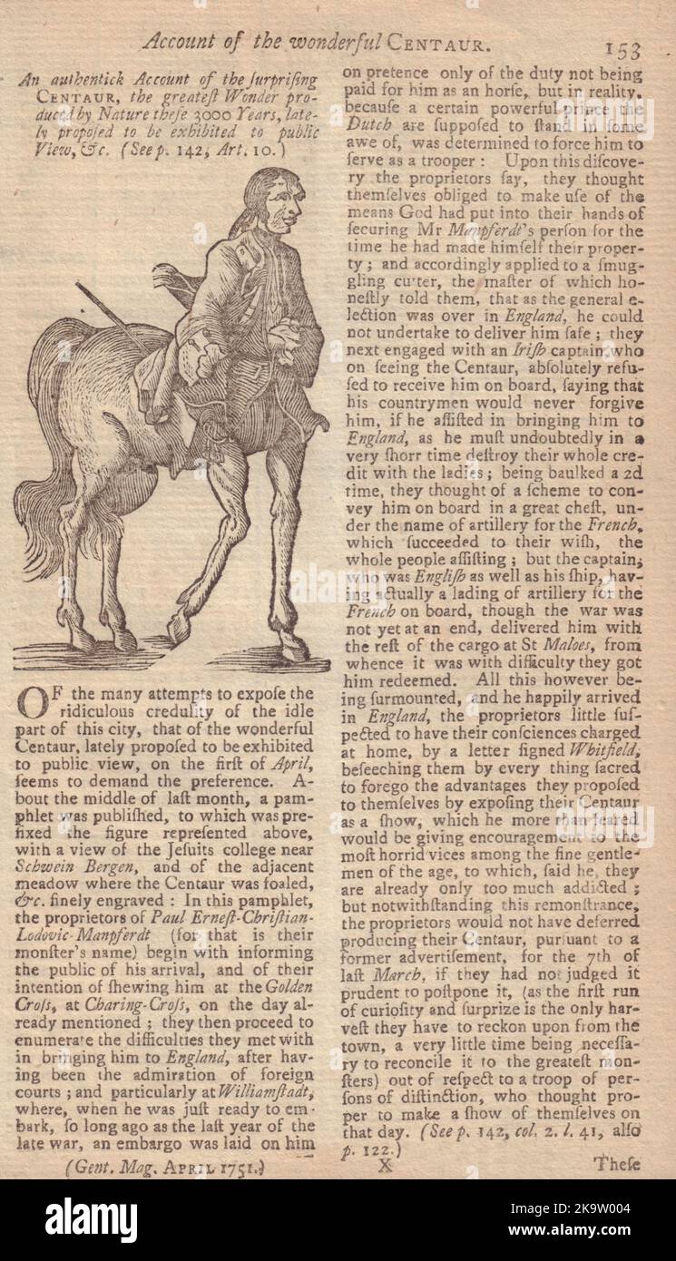 Centaur 'proposto di essere esposto al pubblico'. Mezzo uomo mezzo cavallo 1751 Foto Stock