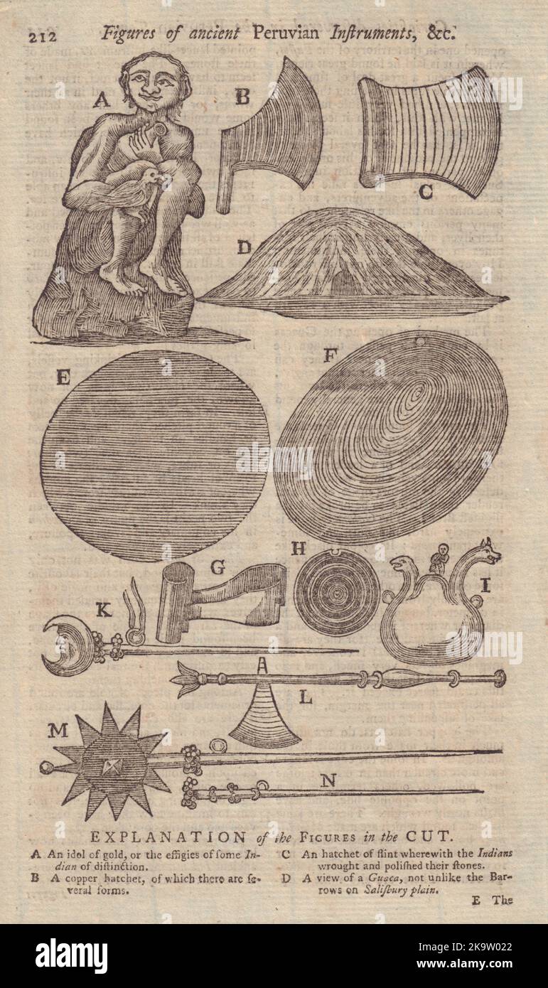 Figure di antichi idoli e strumenti peruviani. Inca. GENTS MAG 1752 stampa Foto Stock