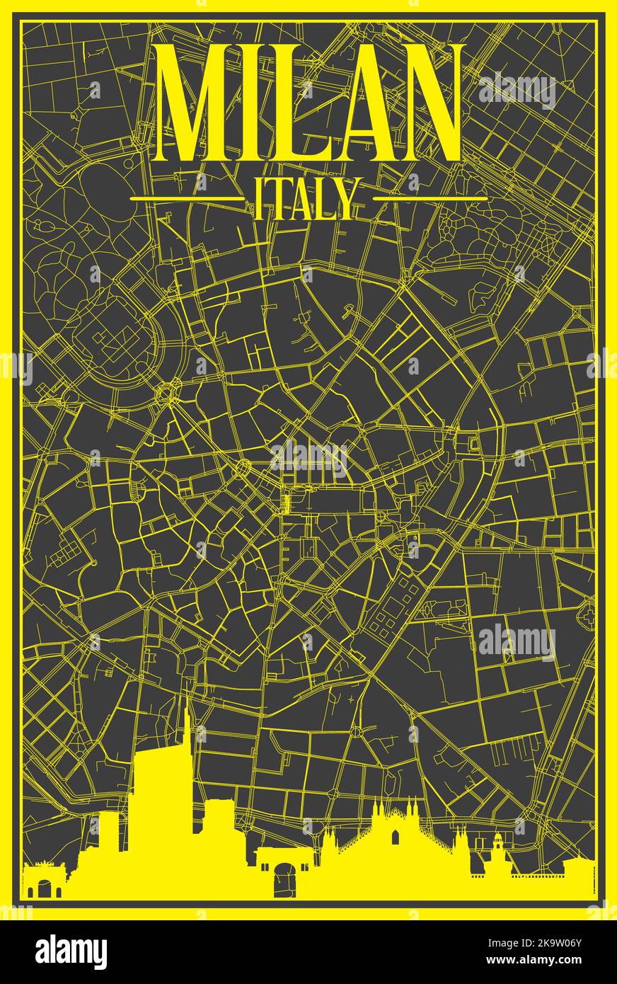 Mappa stampata a mano della rete stradale del centro di MILANO Illustrazione Vettoriale
