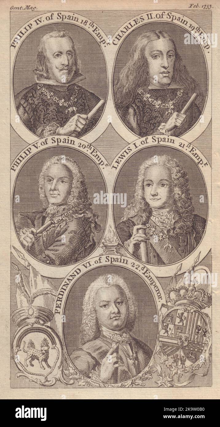 Spagna Re Imperatori. Filippo IV V Carlo II Lewis i Ferdinando VI 1753 stampa Foto Stock