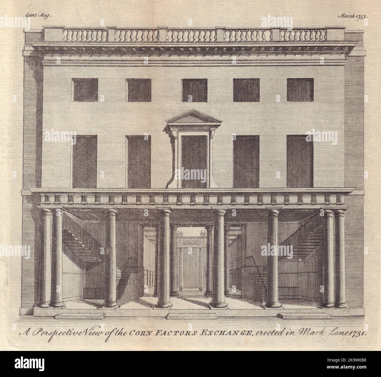 Il Corn Factors Exchange, eretto in Mark Lane 1751. Londra 1753 vecchia stampa Foto Stock