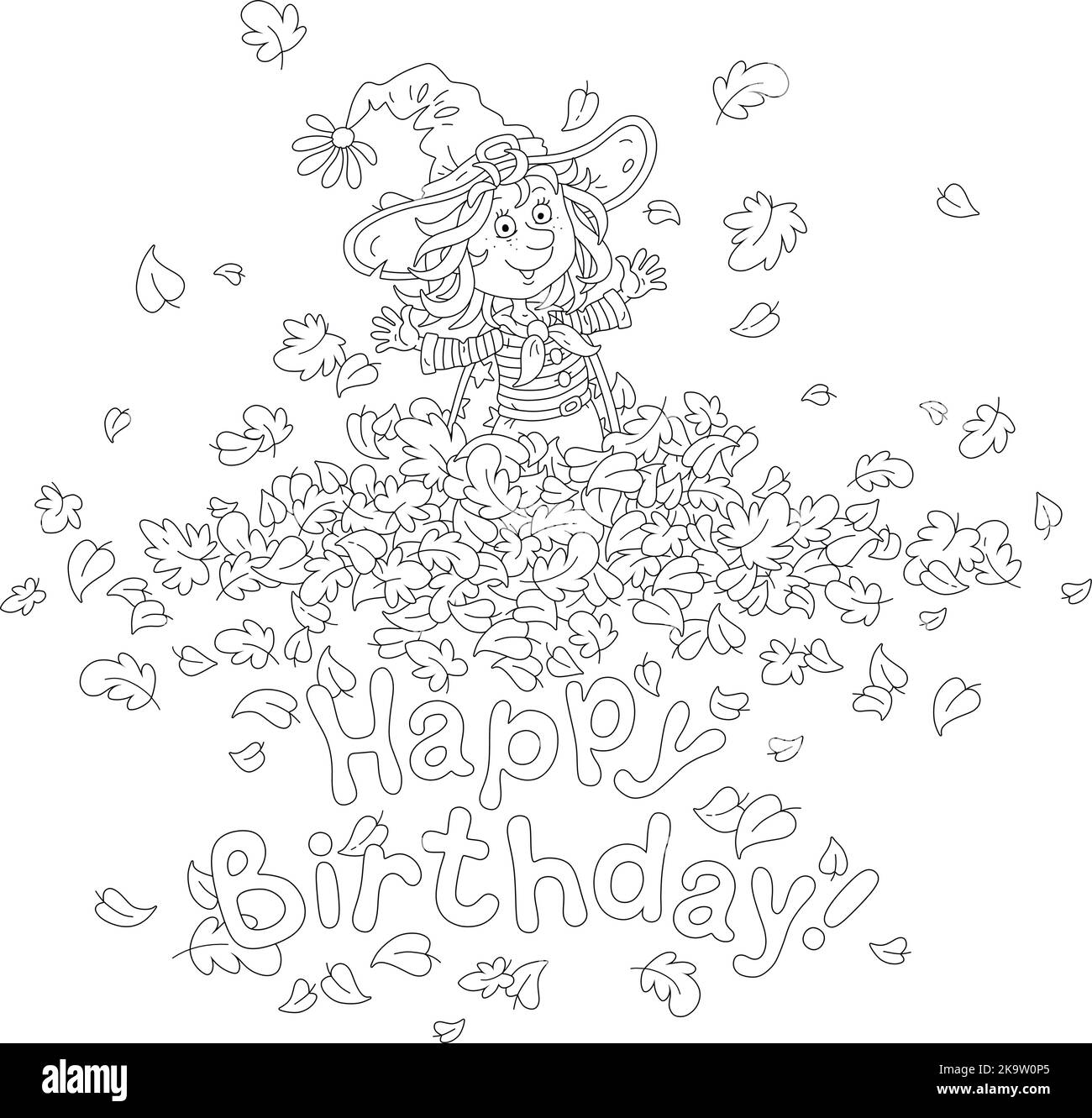 Felice carta di compleanno con una divertente strega giocare con volare e vorticoso foglie autunnali Illustrazione Vettoriale