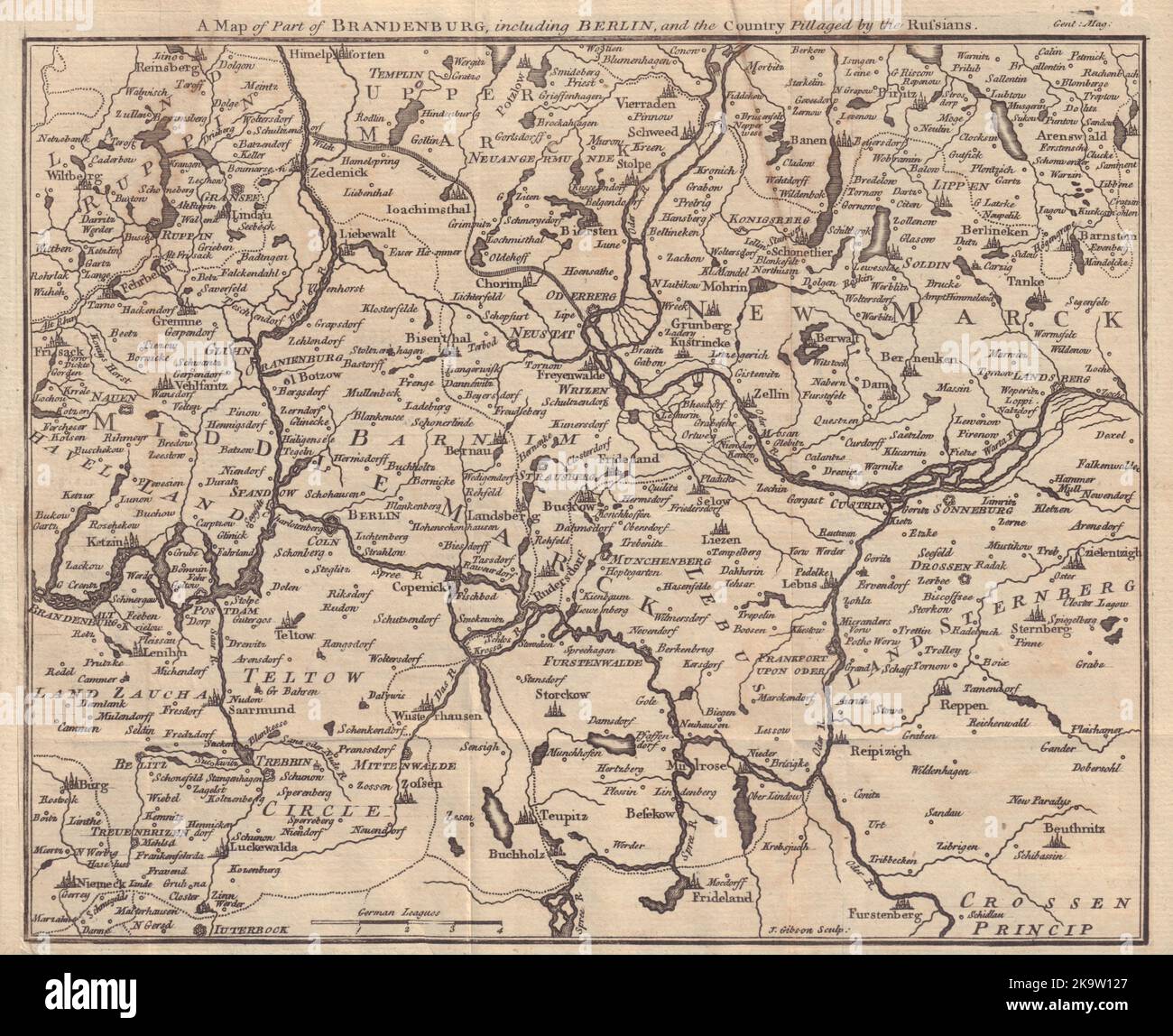 Una mappa di una parte del Brandeburgo compresa Berlino… E Polonia occidentale. GIBSON 1760 Foto Stock
