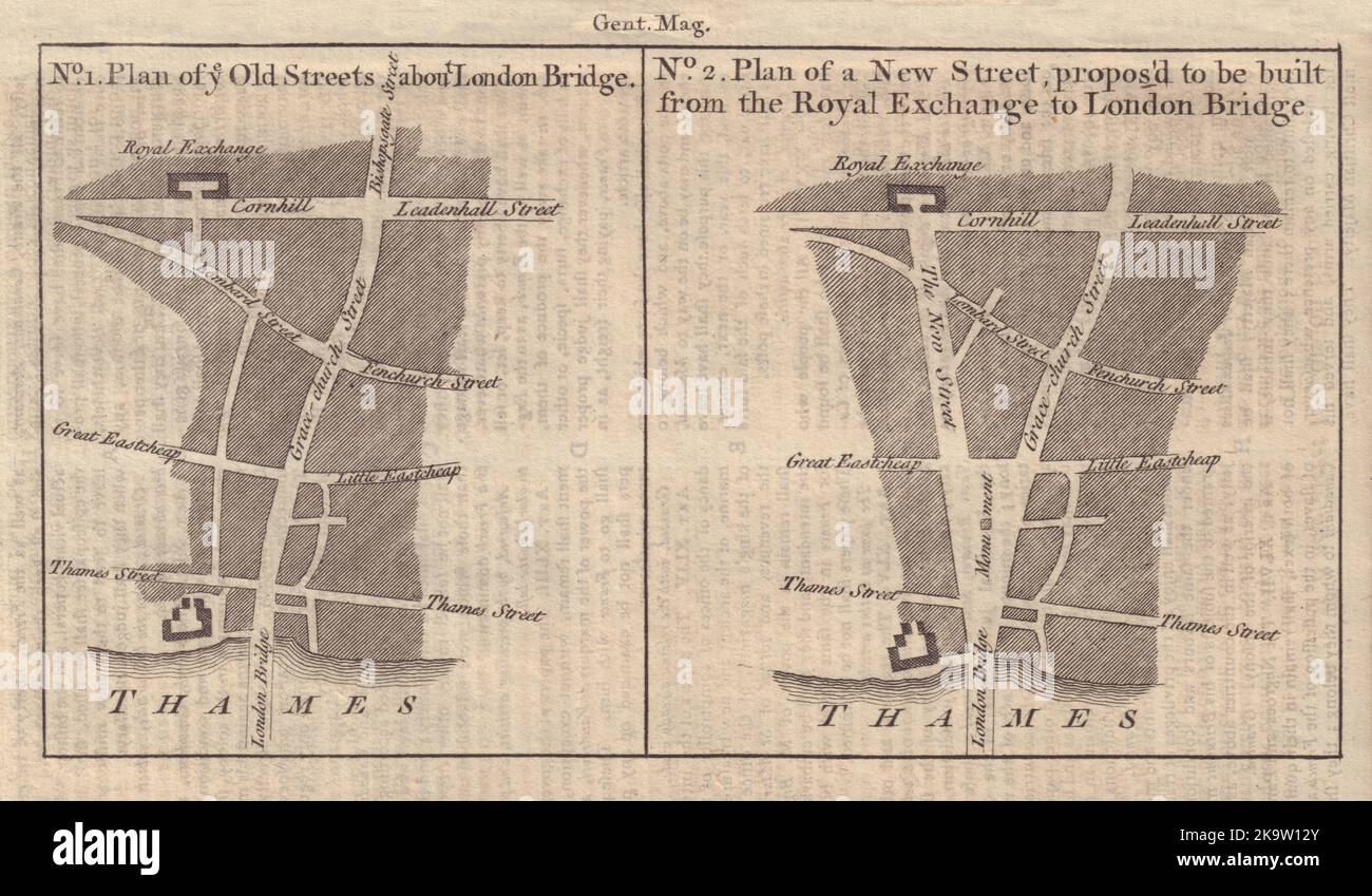 Proposta strada da Royal Exchange a London Bridge. Mappa di King William St. 1760 Foto Stock