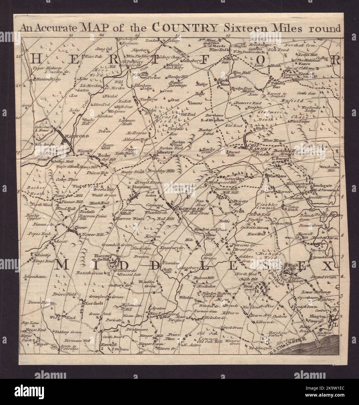 NW London e Hertfordshire. Enfield Barnet Harrow Brent Camden GENTES MAG 1764 mappa Foto Stock