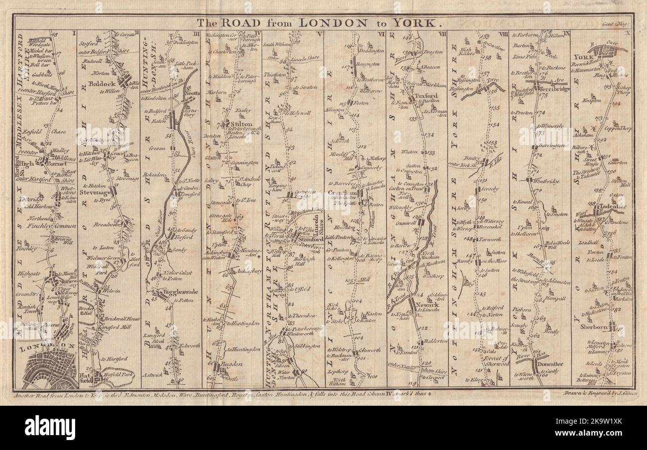 Mappa delle strade di Londra-Barnet-Stevenage-Grantham-Doncaster-York. GIBSON 1766 Foto Stock