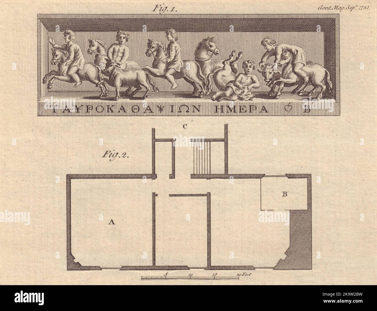 Toro-lotta romana. Luogo di nascita di Newton, Woolsthorpe, stampa Lincolnshire 1781 Foto Stock