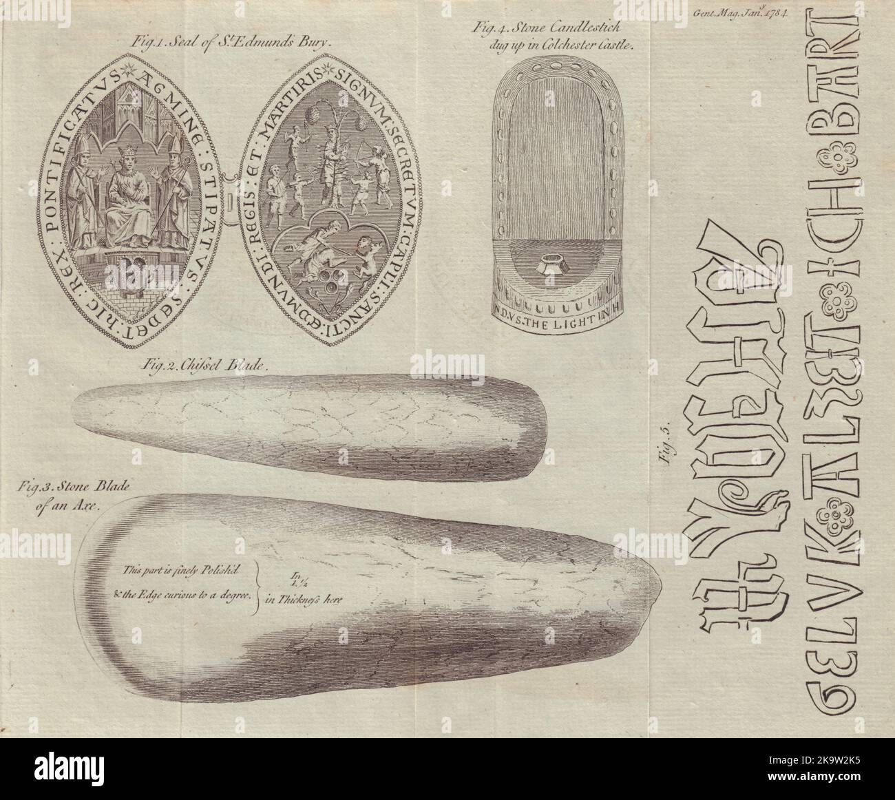 Seppellire il sigillo di St. Edmunds. Lame per scalpello e asse di pietra. Colchester Candlestick 1784 Foto Stock