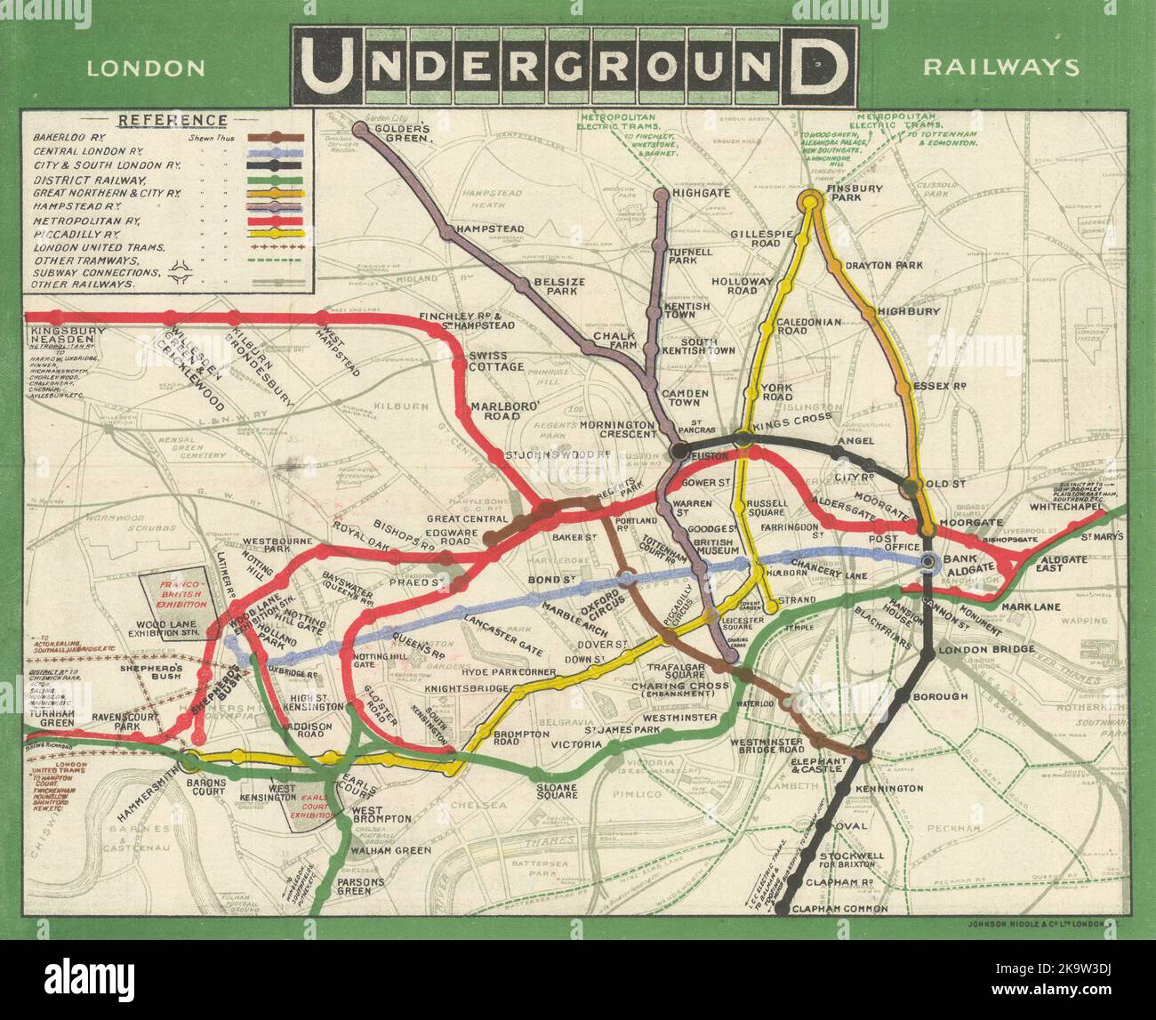 La Metropolitana Di Londra Le Ferrovie. Vintage Mappa Tubo, 1938 Foto Stock